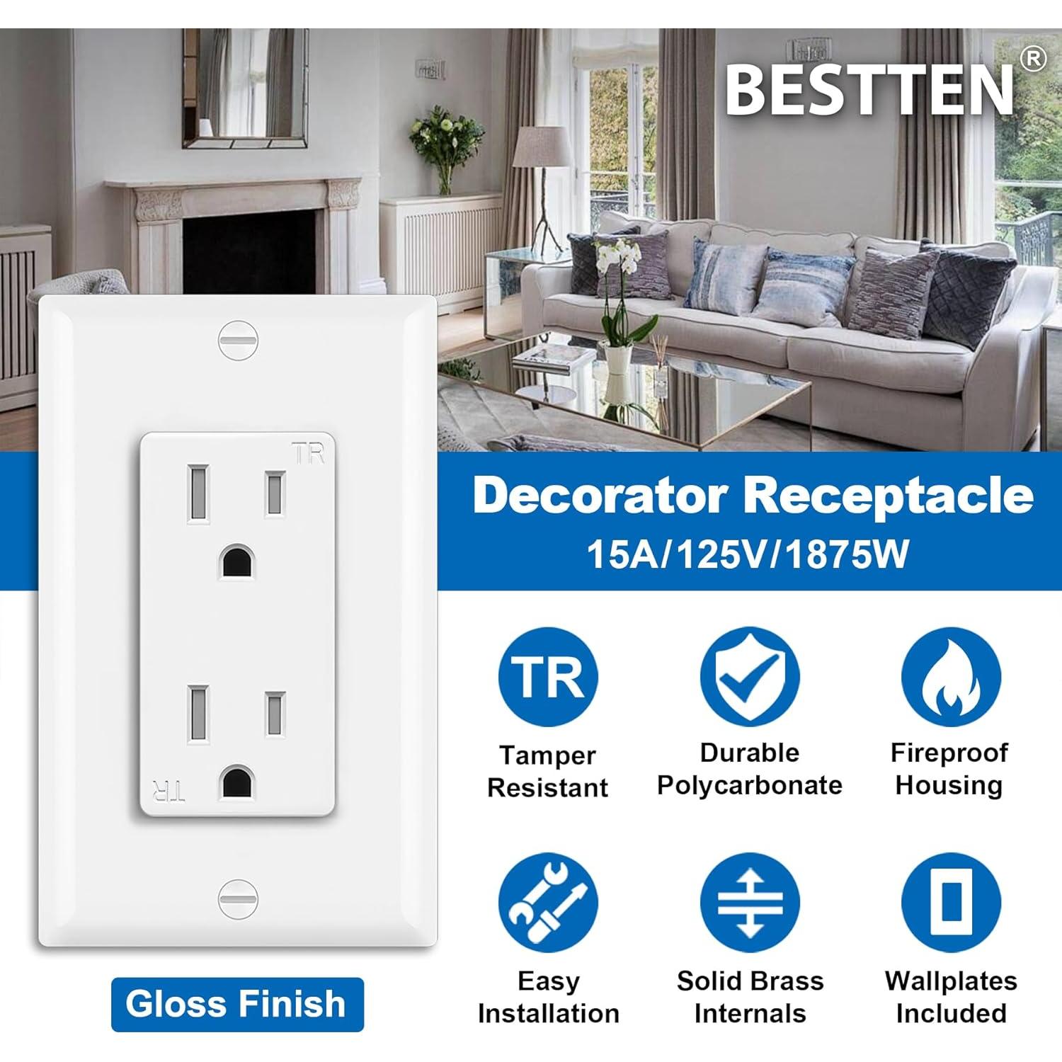 Tomas Decorativas BESTTEN 15A 100 Unidades a Prueba de Manipulación