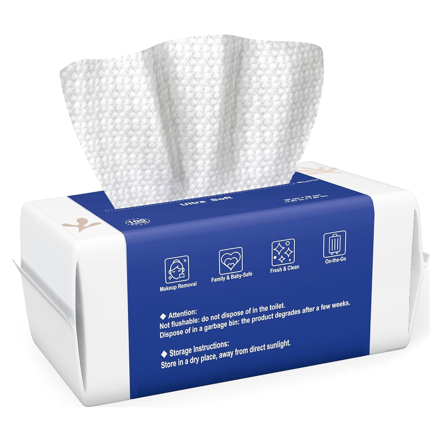 Ourmed Life Face Towels, Disposable Biodegradable Clean Facial Towels for Sensitive Skin, Lint- free Face Cloths for Makeup Remover, Skincare and Women Cleaning, Dry Wipes,100 Count Dot Texture