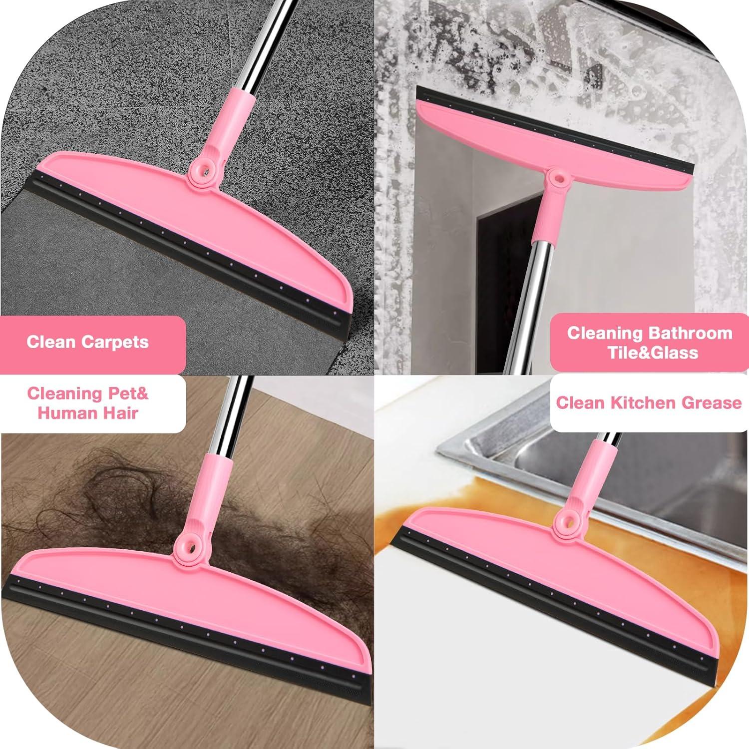 Silicone Air Broom,Multifunction Magic Broom with Long Handle，Adjustable Rubber Squeegee Sweeping Water for Hardwood Floors,Kitchen,Concrete Floor,Bathroom Tile(Black Pink)