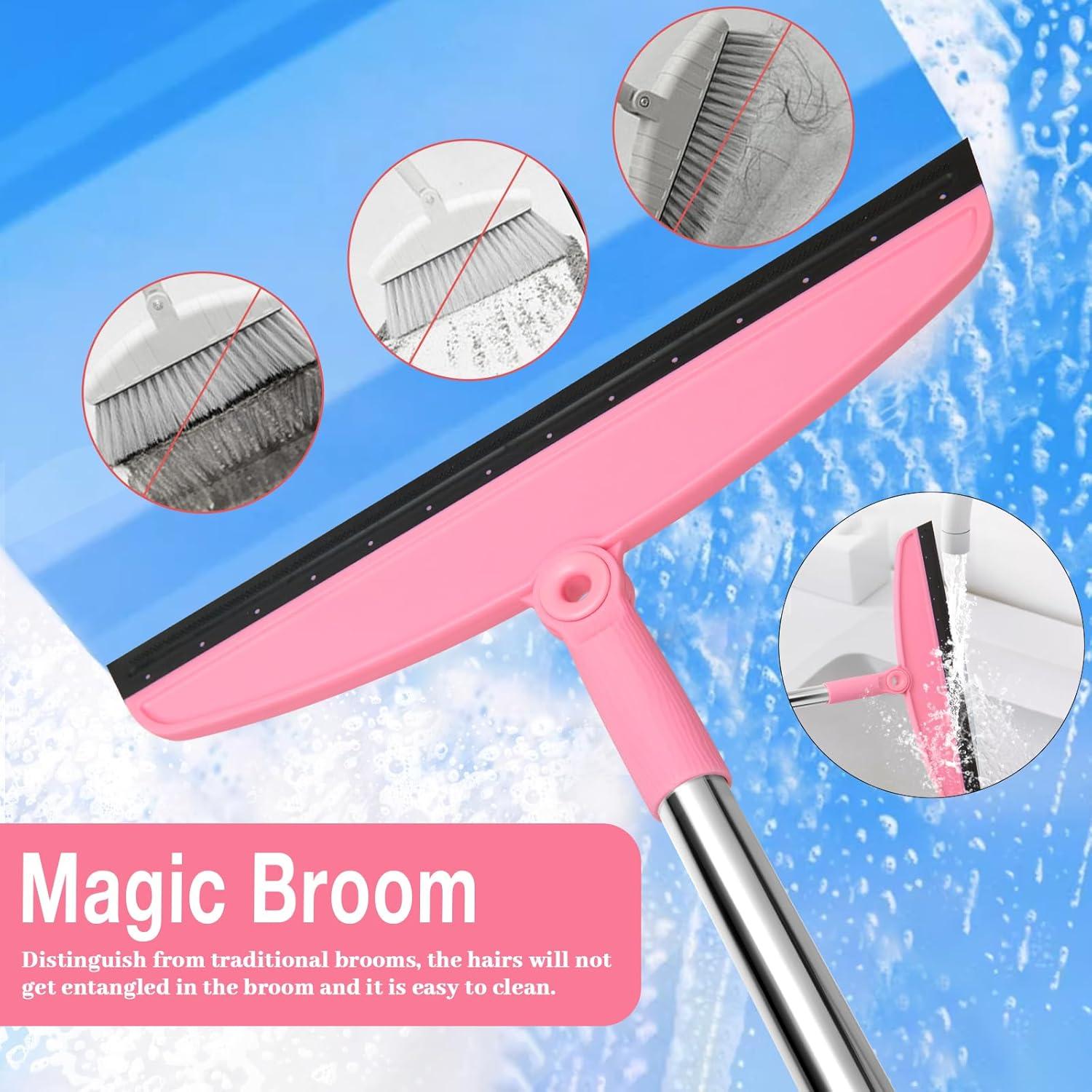 Silicone Air Broom,Multifunction Magic Broom with Long Handle，Adjustable Rubber Squeegee Sweeping Water for Hardwood Floors,Kitchen,Concrete Floor,Bathroom Tile(Black Pink)