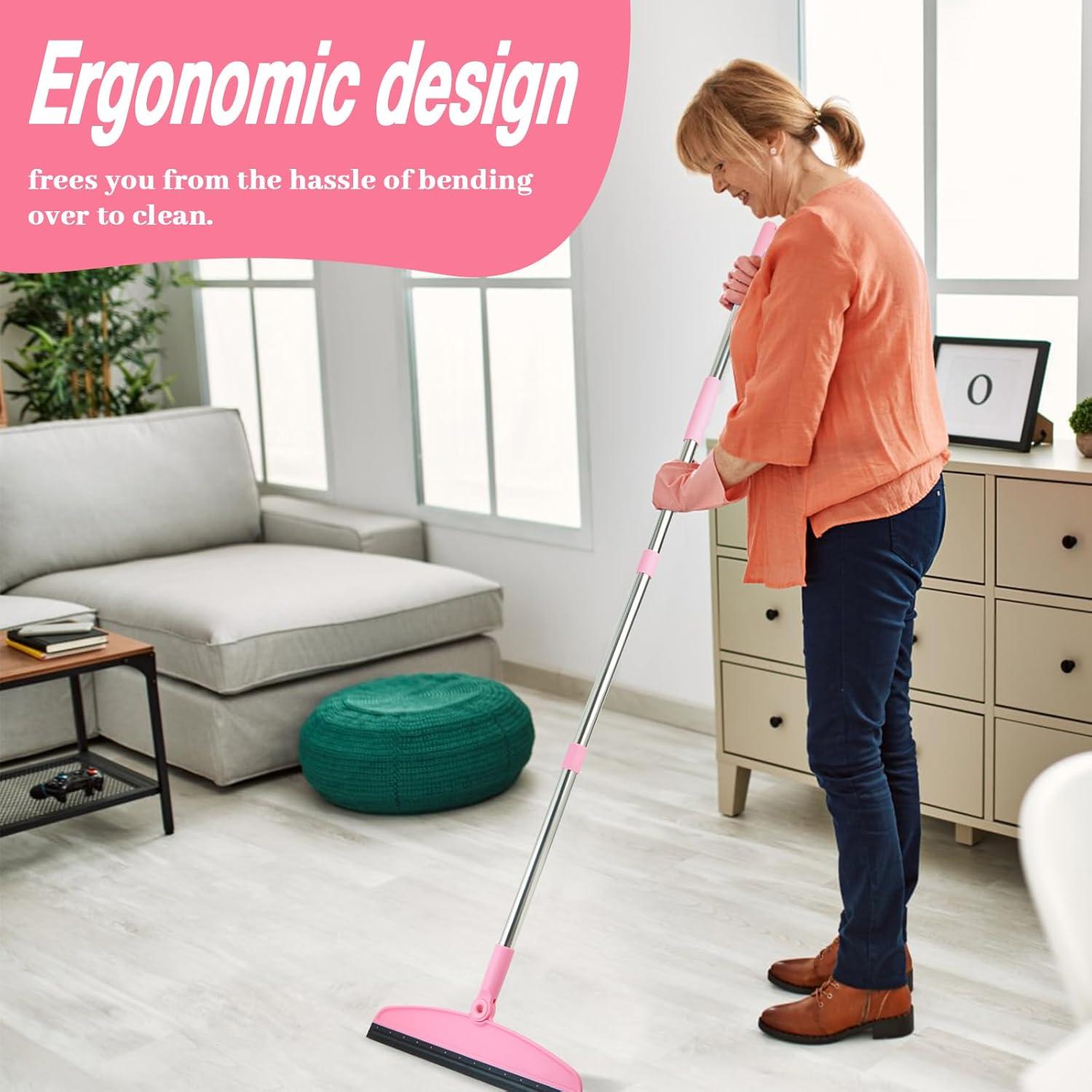 Silicone Air Broom,Multifunction Magic Broom with Long Handle，Adjustable Rubber Squeegee Sweeping Water for Hardwood Floors,Kitchen,Concrete Floor,Bathroom Tile(Black Pink)