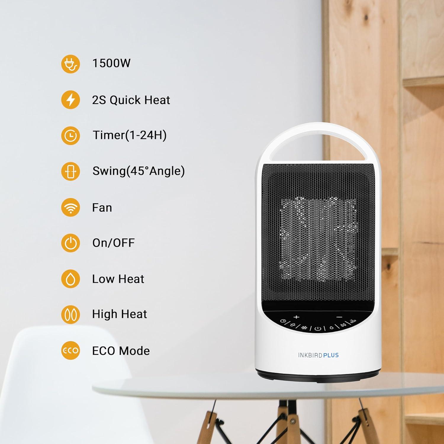 Calentador Eléctrico INKBIRDPLUS 1500W con Control Remoto y Temporizador