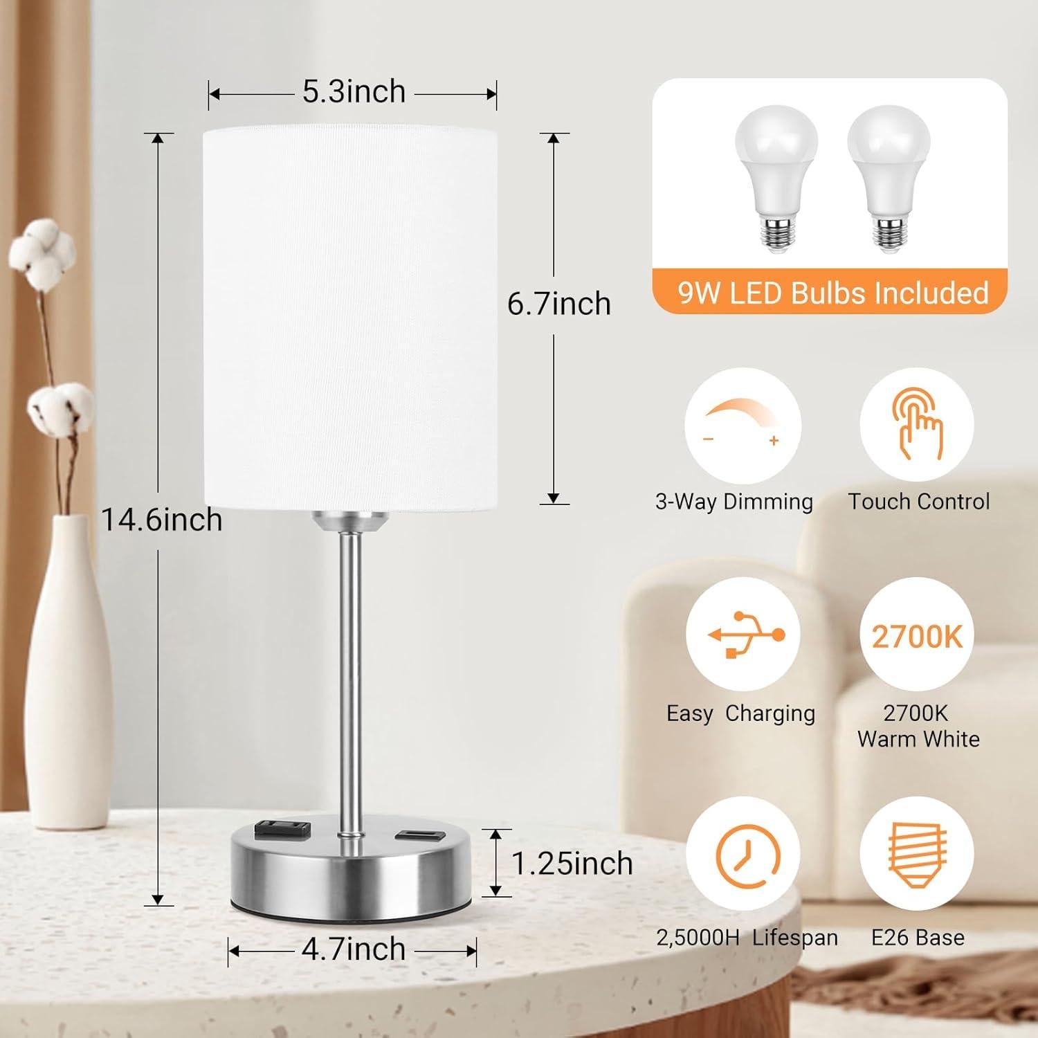 Lámparas de Mesa Táctiles PARTPHONER Juego de 2 con USB