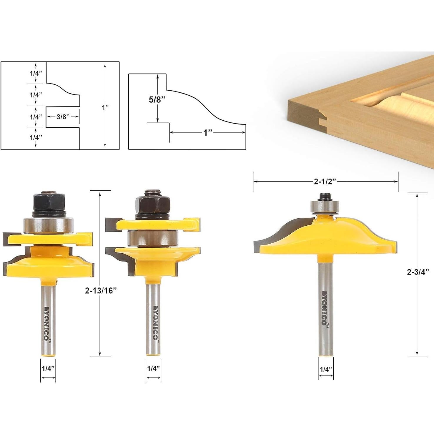 Juego de Brocas Router YONICO 3 Piezas Ogee 0,64 cm Shank