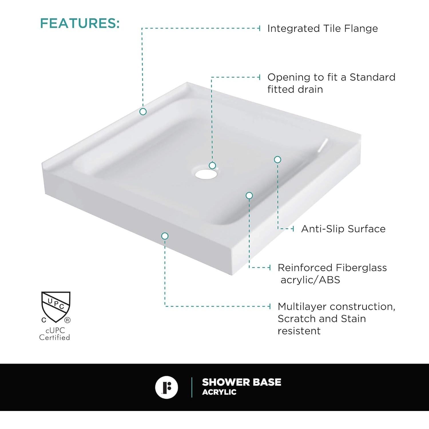 Base de Ducha Cuadrada Fine Fixtures 76.2x76.2cm Antideslizante