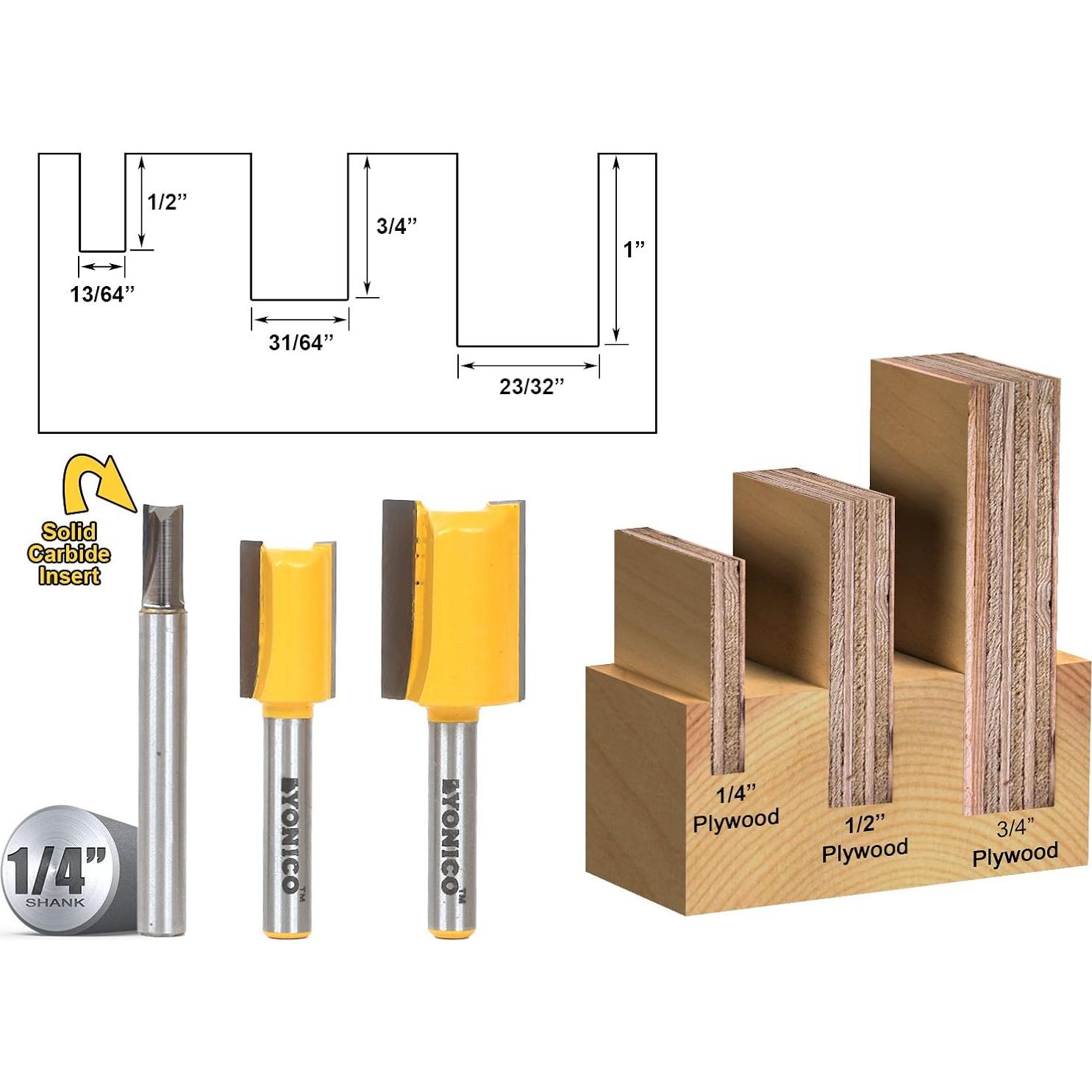 Juego de Brocas YONICO 14323q para Router 3 Brocas 1/4"