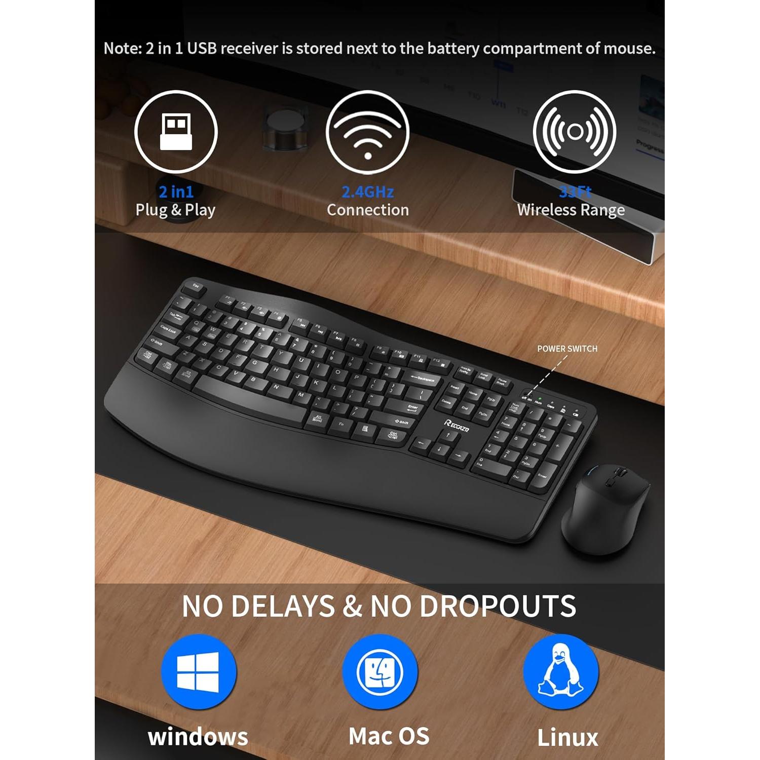 Combo Teclado y Ratón Inalámbrico RECCAZR Ergonómico Negro