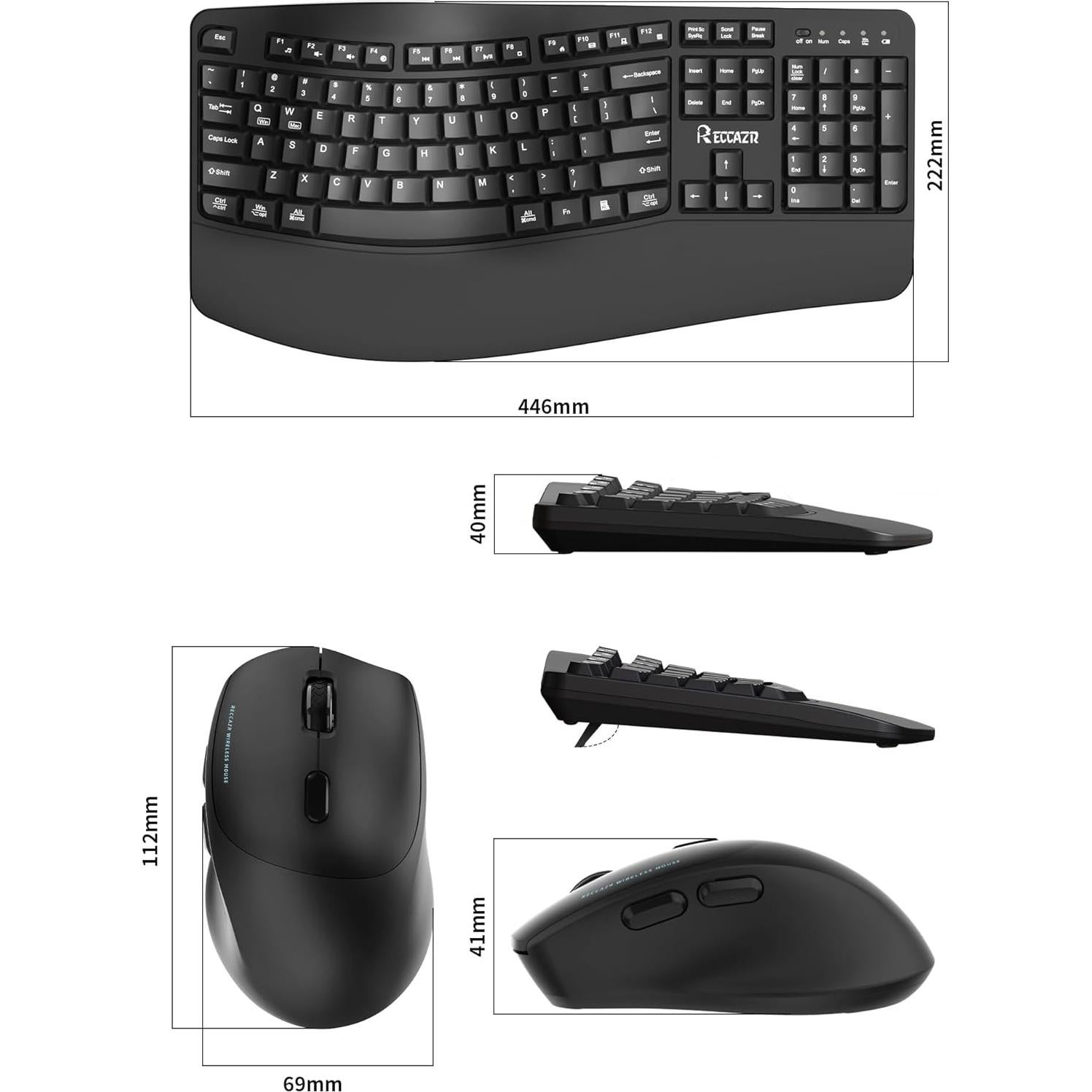 Combo Teclado y Ratón Inalámbrico RECCAZR Ergonómico Negro