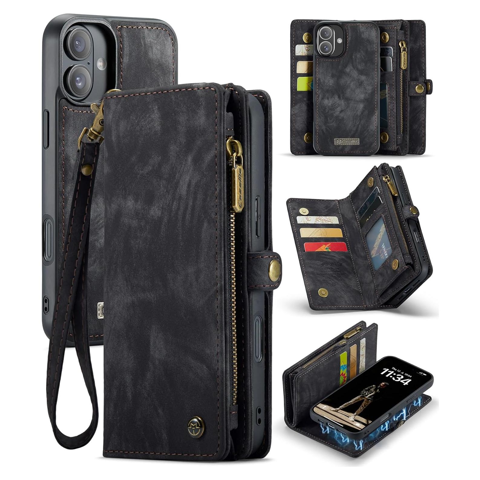 Funda de Cartera Kowauri para iPhone 16 Plus - Negro, 2 en 1