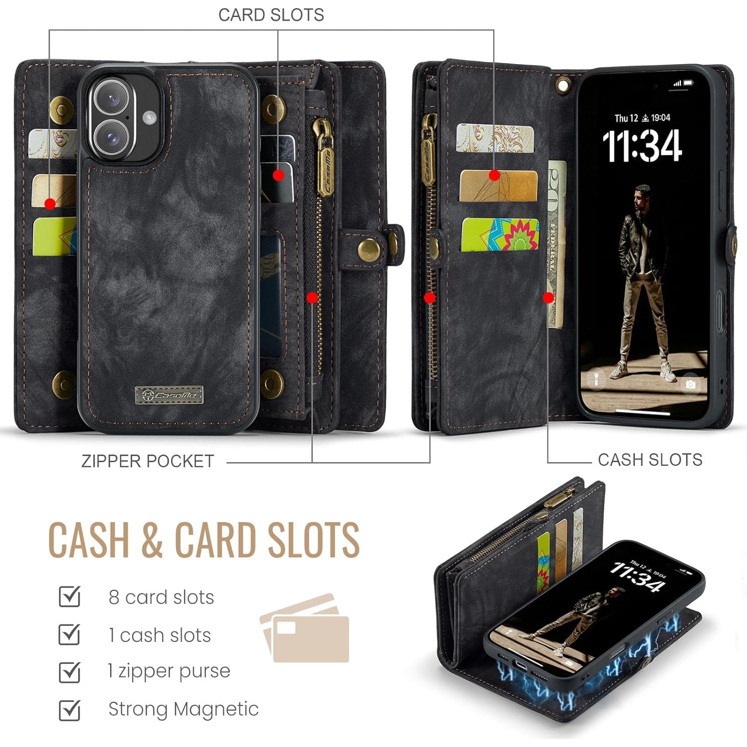 Funda de Cartera Kowauri para iPhone 16 Plus - Negro, 2 en 1