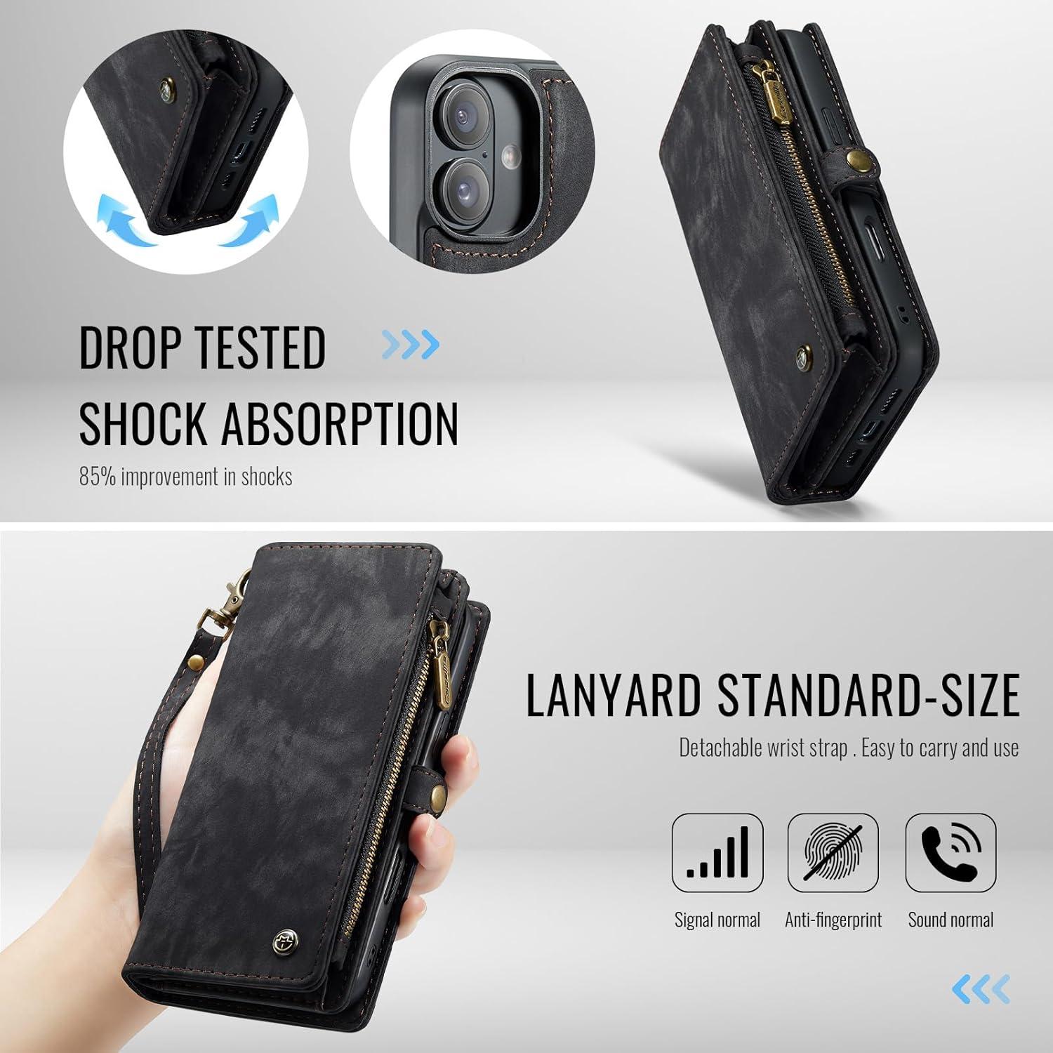 Funda de Cartera Kowauri para iPhone 16 Plus - Negro, 2 en 1