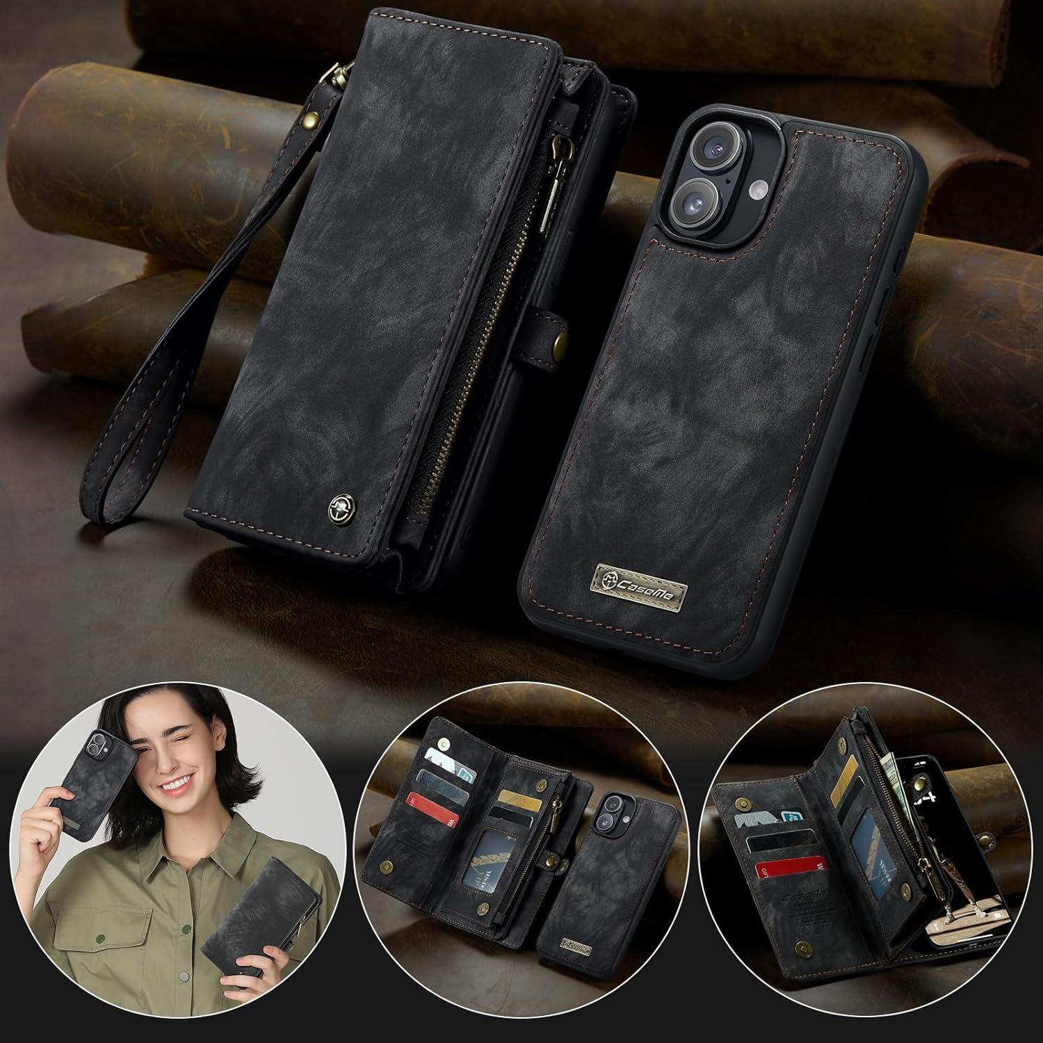 Funda de Cartera Kowauri para iPhone 16 Plus - Negro, 2 en 1