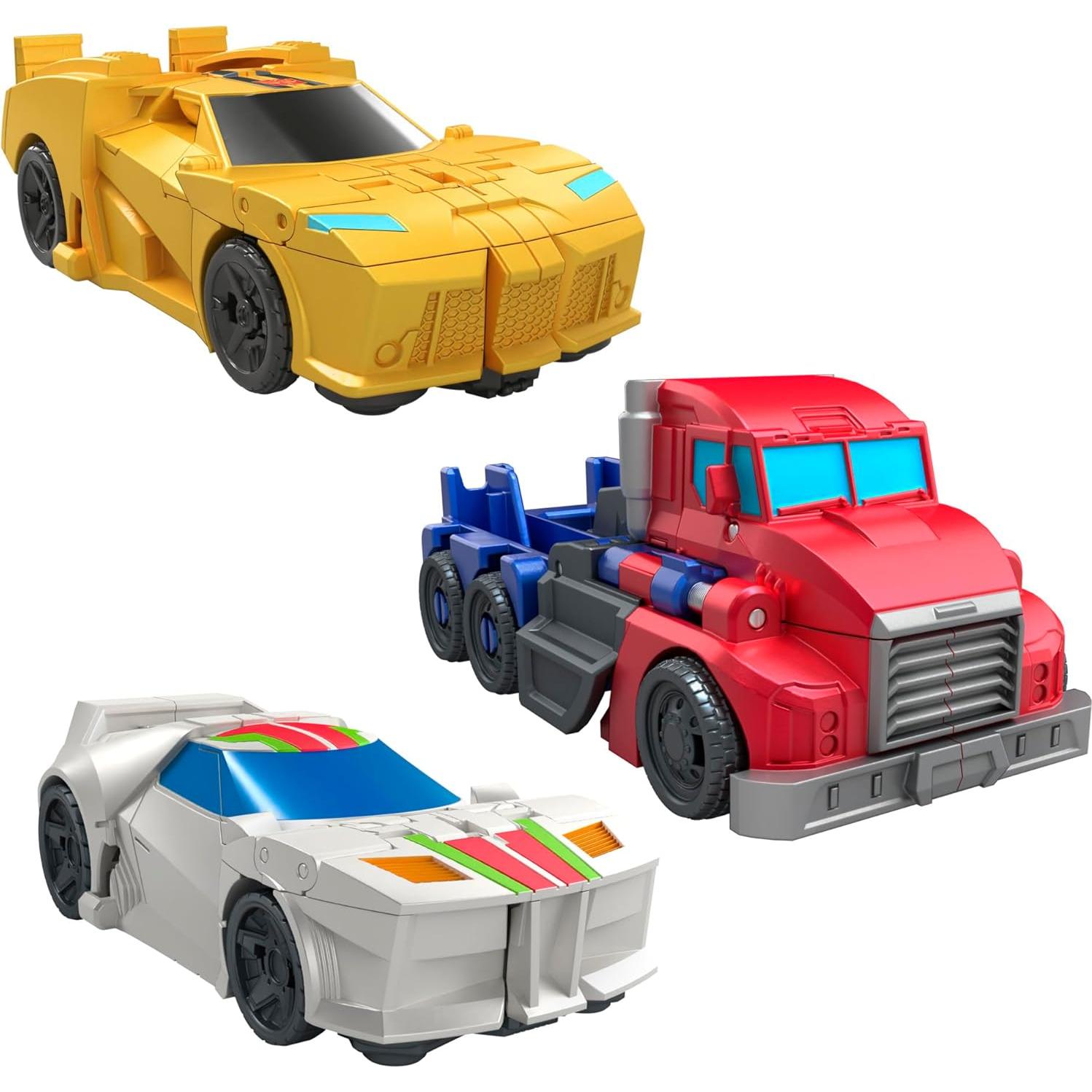 Transformers 1-Step Flip Heroes 3-Pack, 4-Inch Wheeljack, Bumblebee, and Optimus Prime Action Figures, Kids Easter Toys or Basket Stuffers, Age 6+