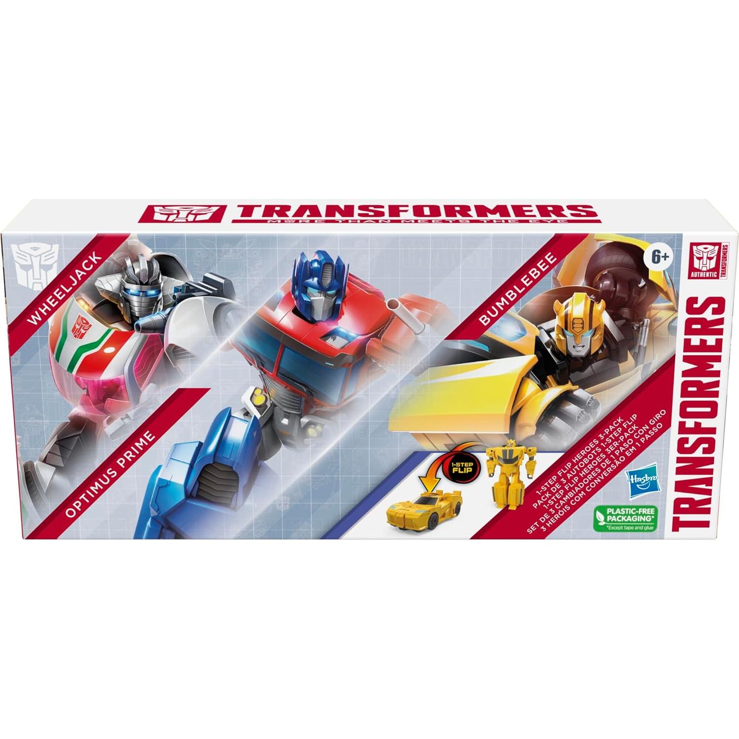 Transformers 1-Step Flip Heroes 3-Pack, 4-Inch Wheeljack, Bumblebee, and Optimus Prime Action Figures, Kids Easter Toys or Basket Stuffers, Age 6+