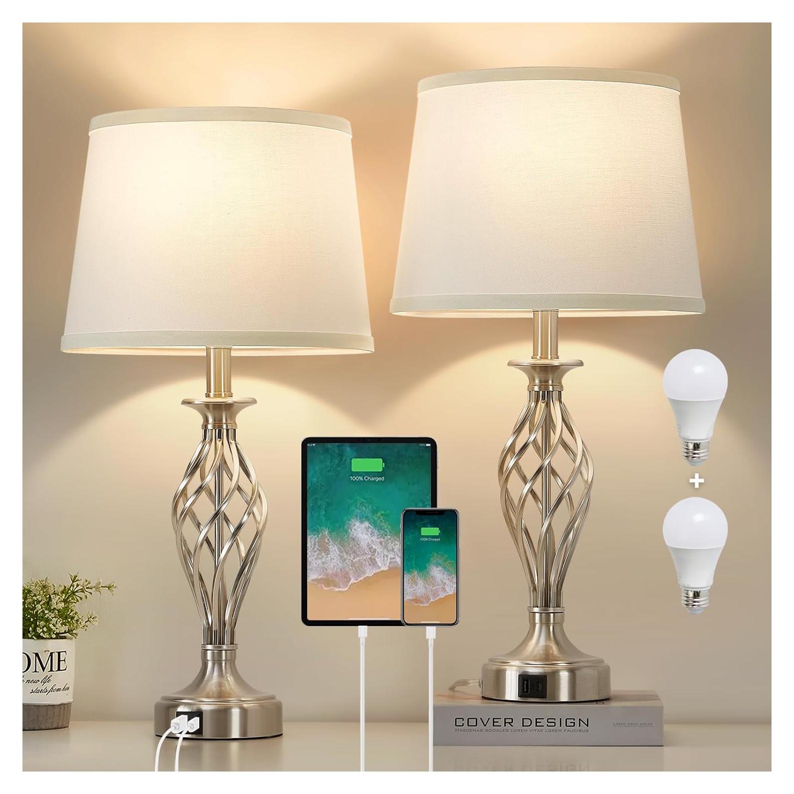 Juego de 2 Lámparas de Mesa EJIAXIN con Puertos USB y Bombillas LED