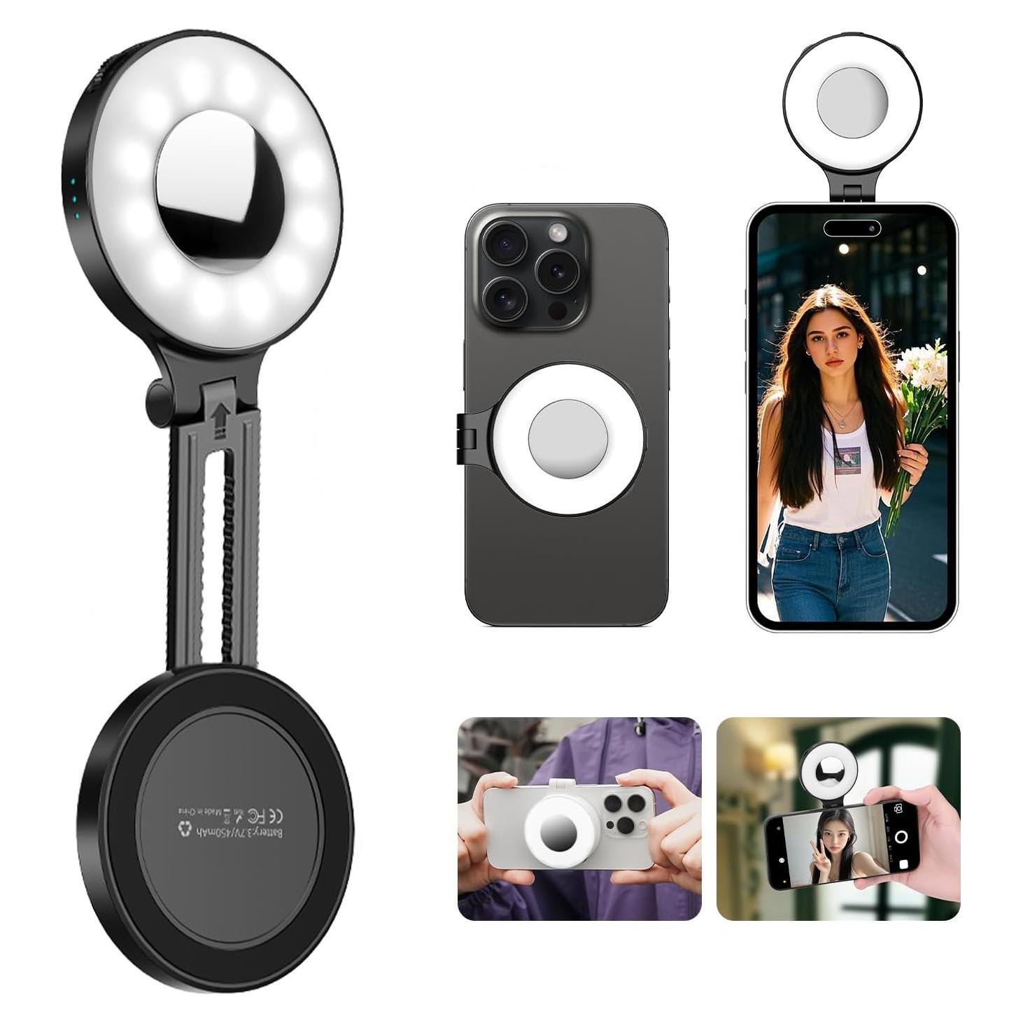 Luz de Selfie Magnética Flymile con Soporte y Espejo, Negra