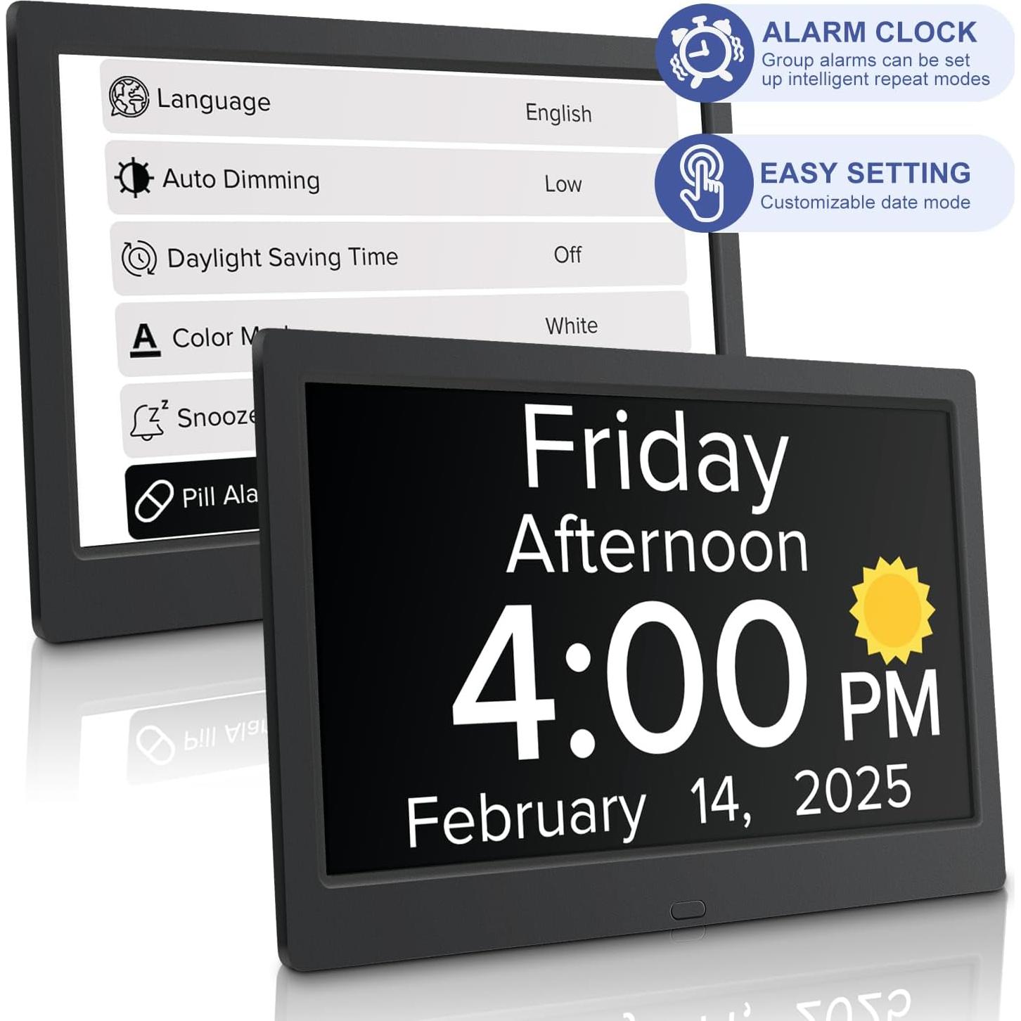 Reloj Despertador Digital Mitoart 10.1" para Ancianos - Negro