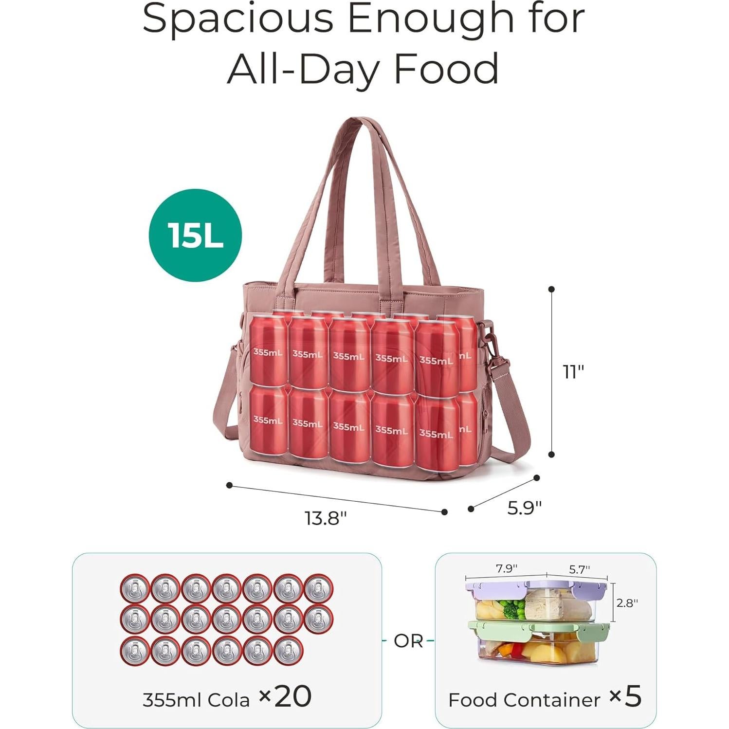 Bolsa de Almuerzo Térmica BAGSMART Rosa 15L con Múltiples Bolsillos