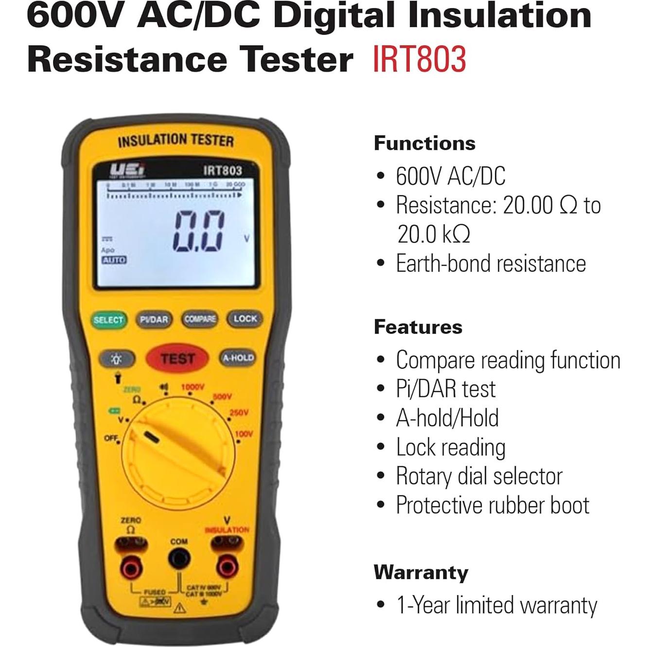 Probador de Resistencia de Aislamiento UEi IRT803 600V 20GΩ