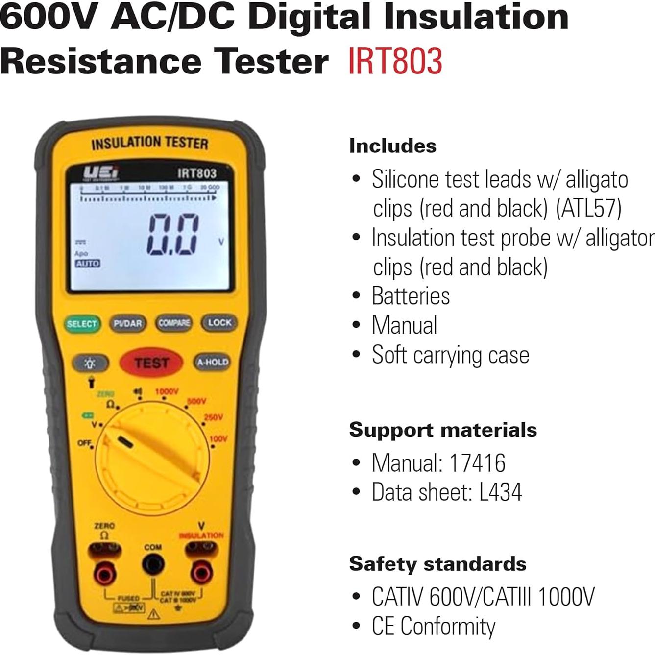 Probador de Resistencia de Aislamiento UEi IRT803 600V 20GΩ