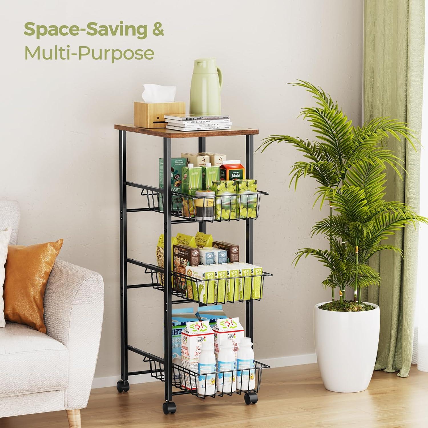 Carro Organizador Delamu 4 Niveles con Ruedas y Superficie de Madera