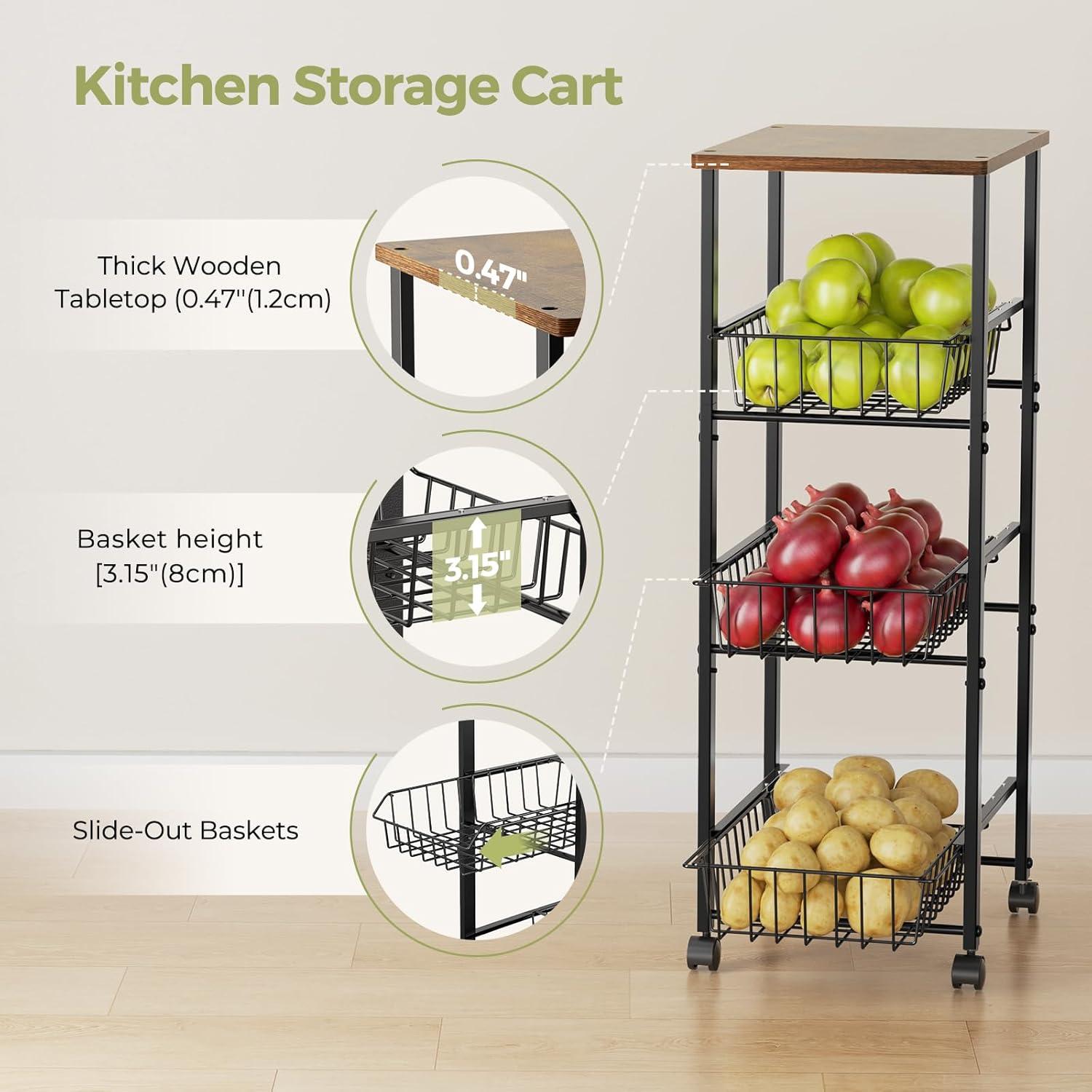 Carro Organizador Delamu 4 Niveles con Ruedas y Superficie de Madera