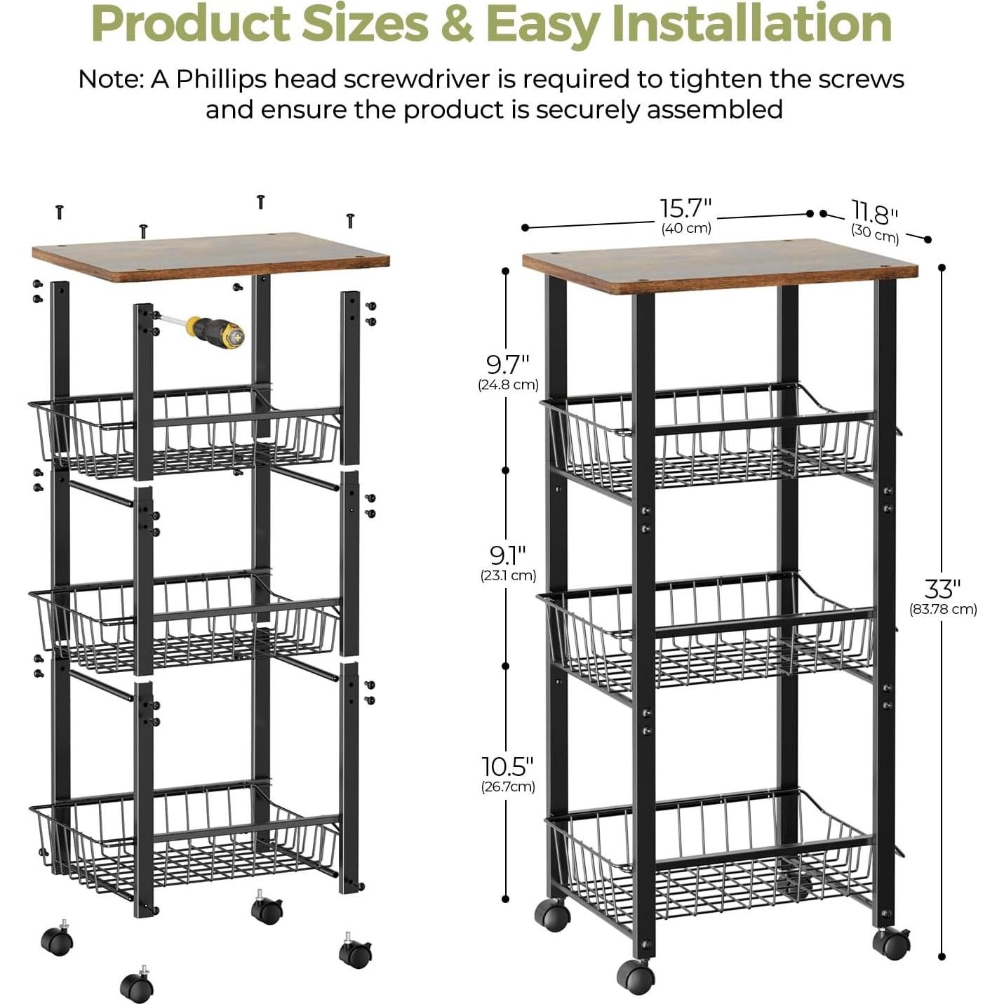 Carro Organizador Delamu 4 Niveles con Ruedas y Superficie de Madera