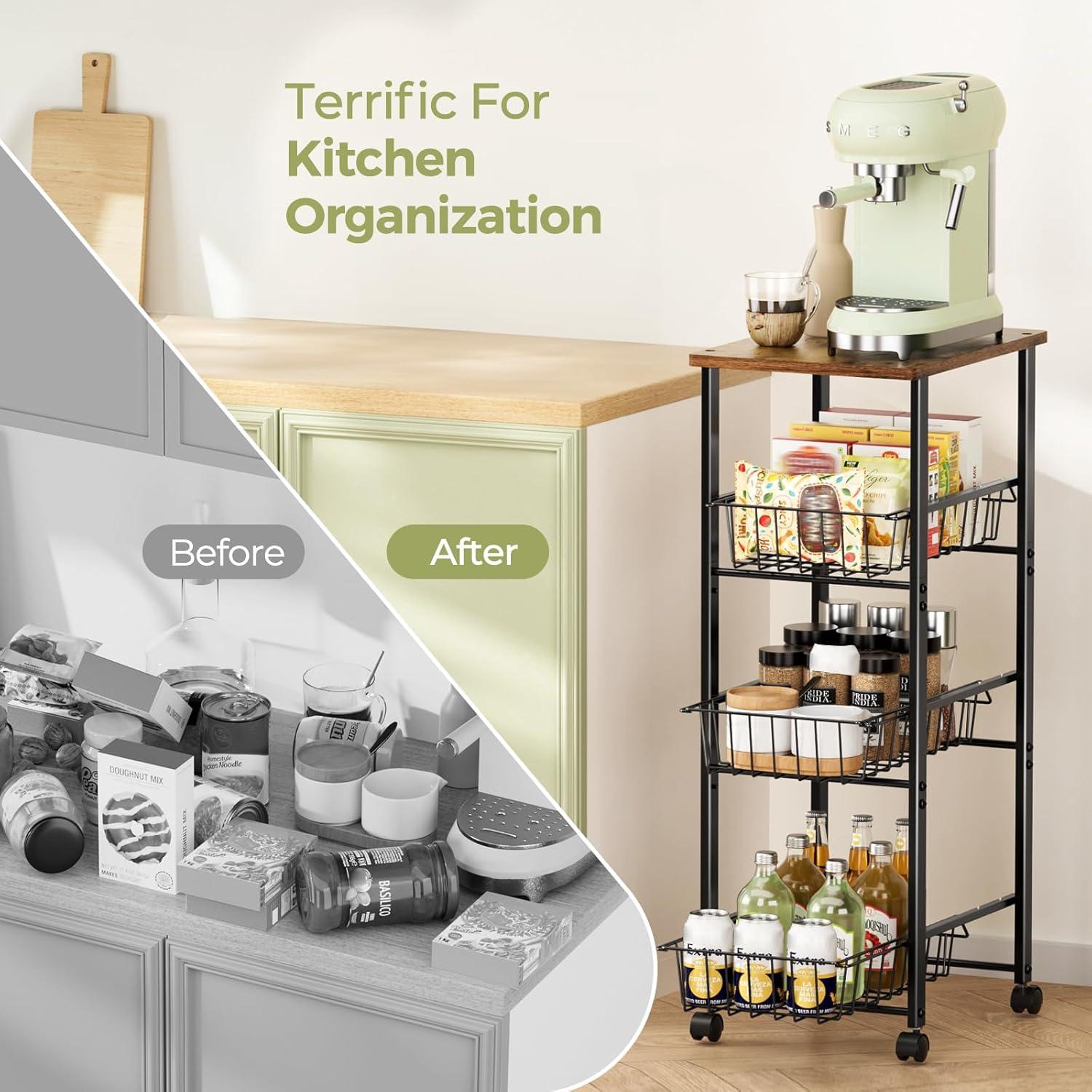 Carro Organizador Delamu 4 Niveles con Ruedas y Superficie de Madera