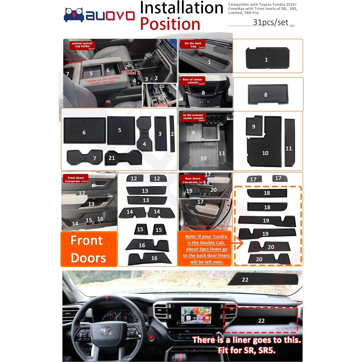 Insertos para Portavasos Auovo para Toyota Tundra 2022-2026, 31 Piezas
