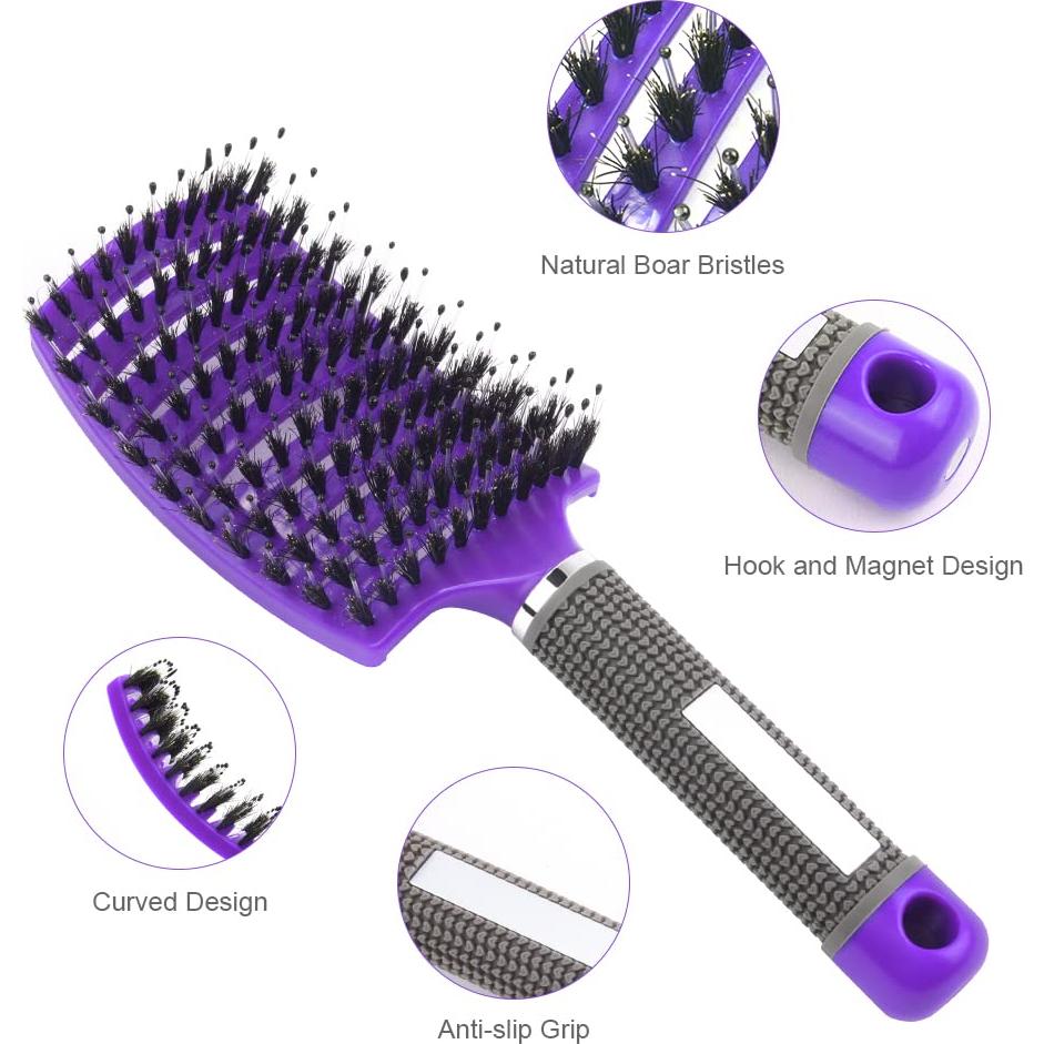 Cepillo de cabello URAQT paleta cerdas de jabalí púrpura