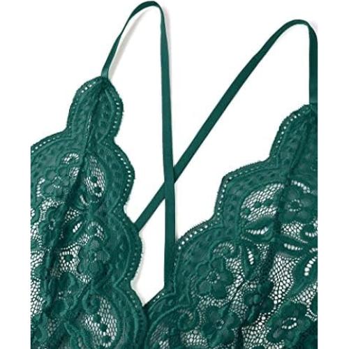 Mono Lencería Sexy Teddy Verde Mediano Encaje Cuello V