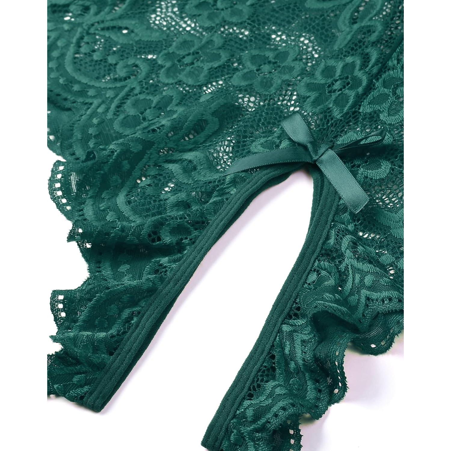 Mono Lencería Sexy Teddy Verde Mediano Encaje Cuello V