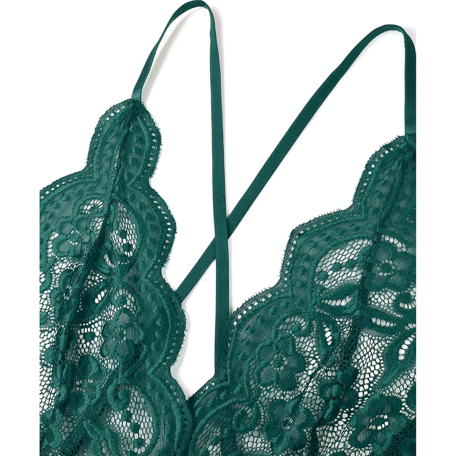 Mono Lencería Sexy Teddy Verde Mediano Encaje Cuello V