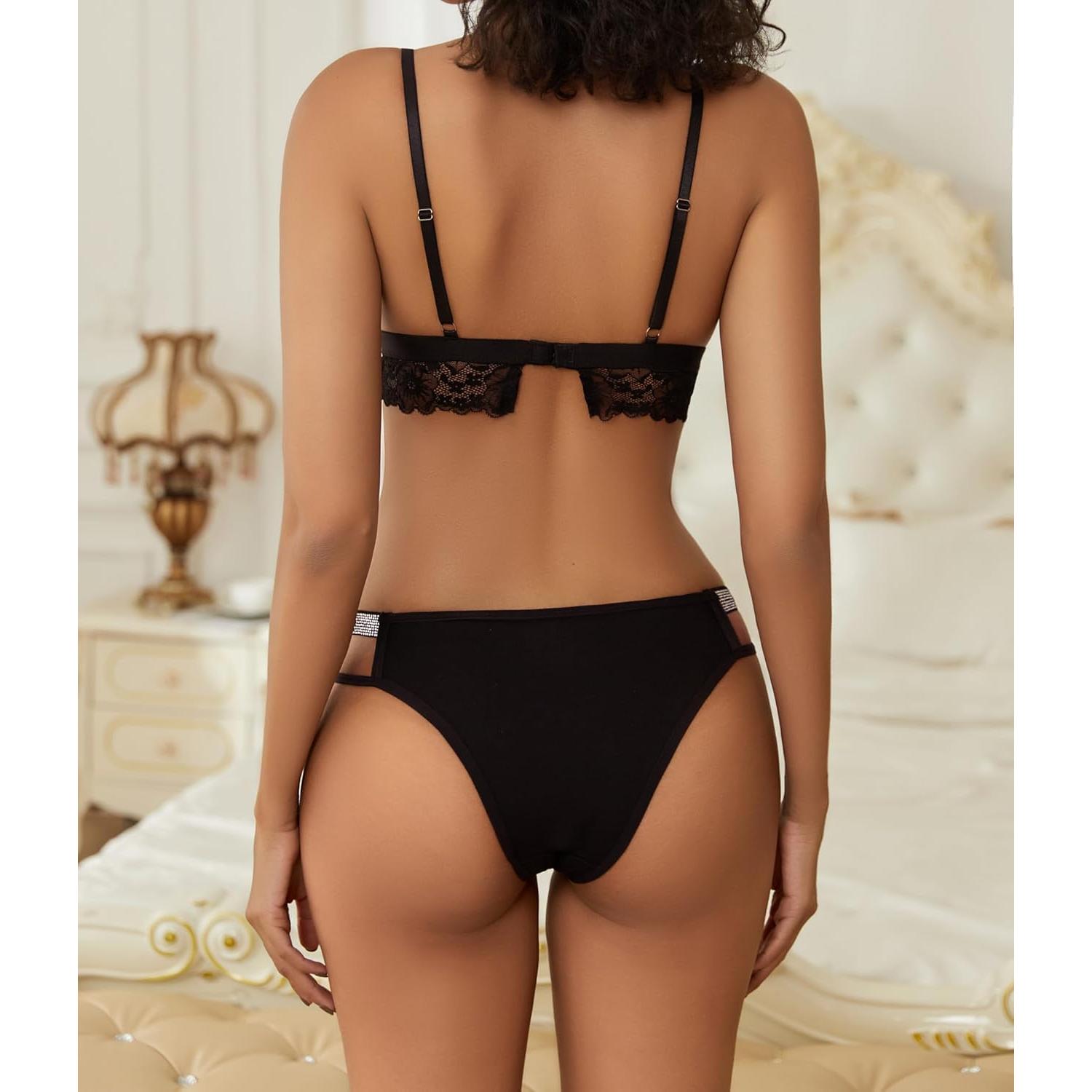 Bragas Sexy Avidlove de Algodón con Encaje Floral - Negro