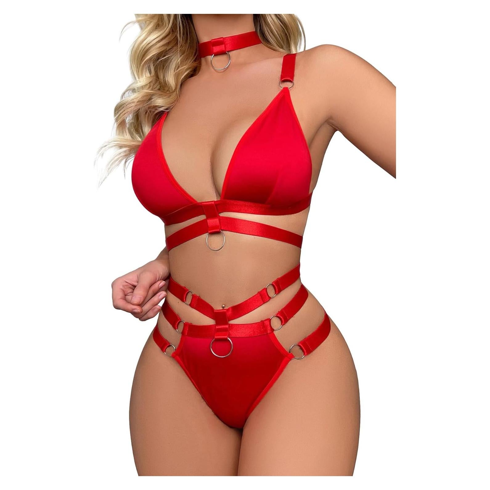 Conjunto Lencería Strappy Lilosy Rojo 3 Piezas Sexy