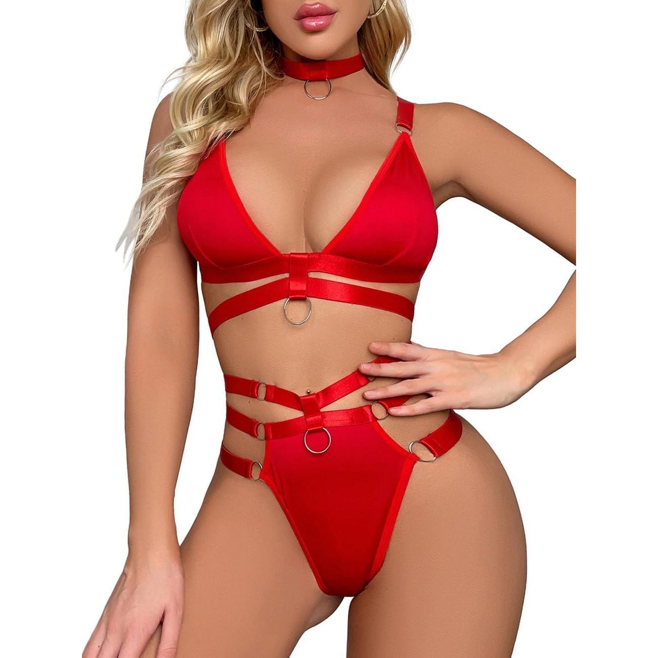 Conjunto Lencería Strappy Lilosy Rojo 3 Piezas Sexy