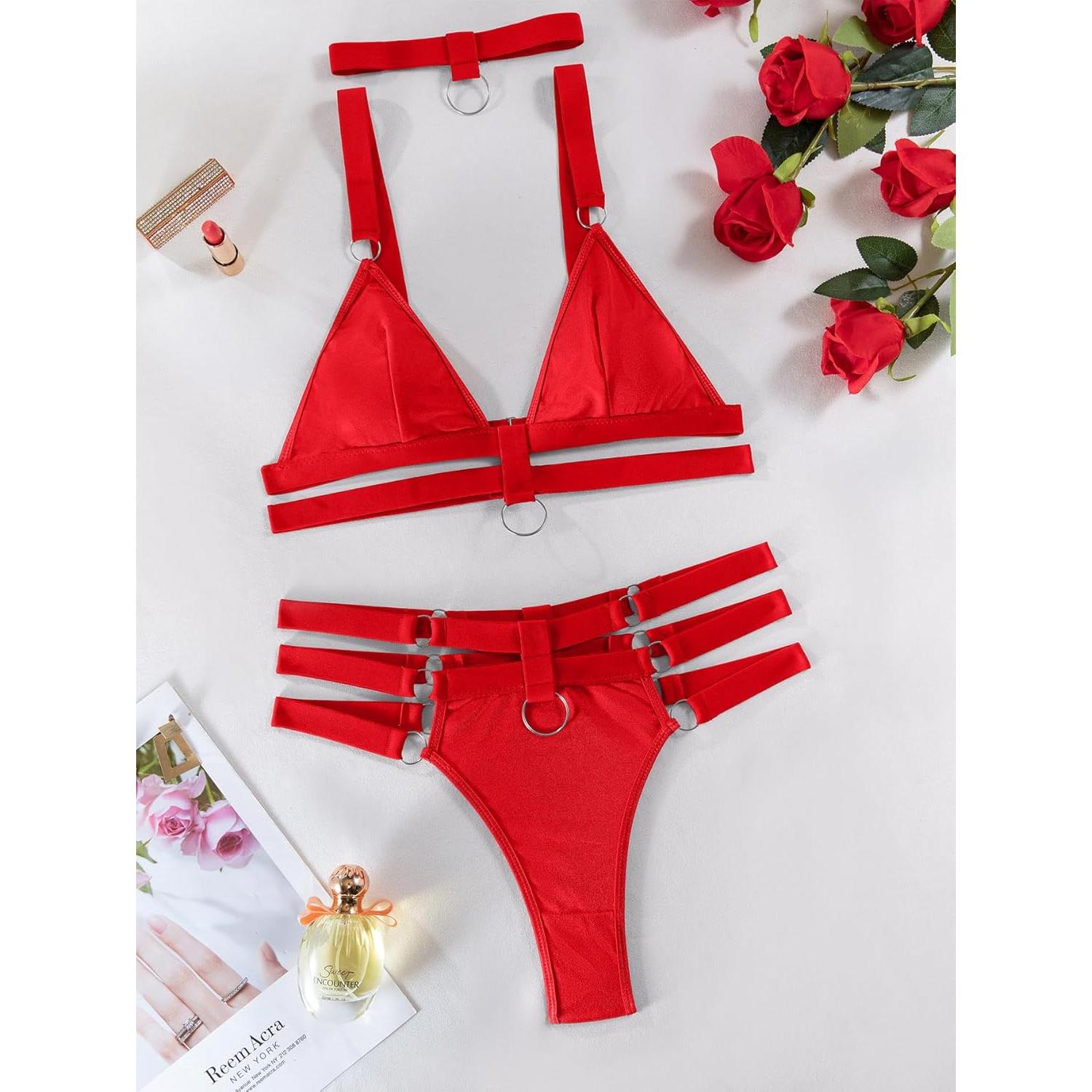 Conjunto Lencería Strappy Lilosy Rojo 3 Piezas Sexy