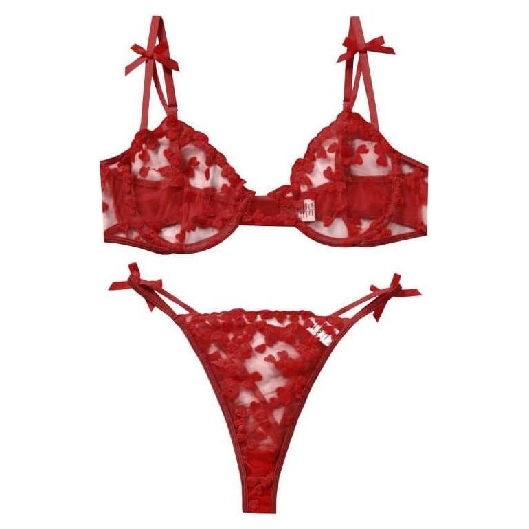 Conjunto de Lencería Bordado ALOECDYV 2 Piezas Rojo