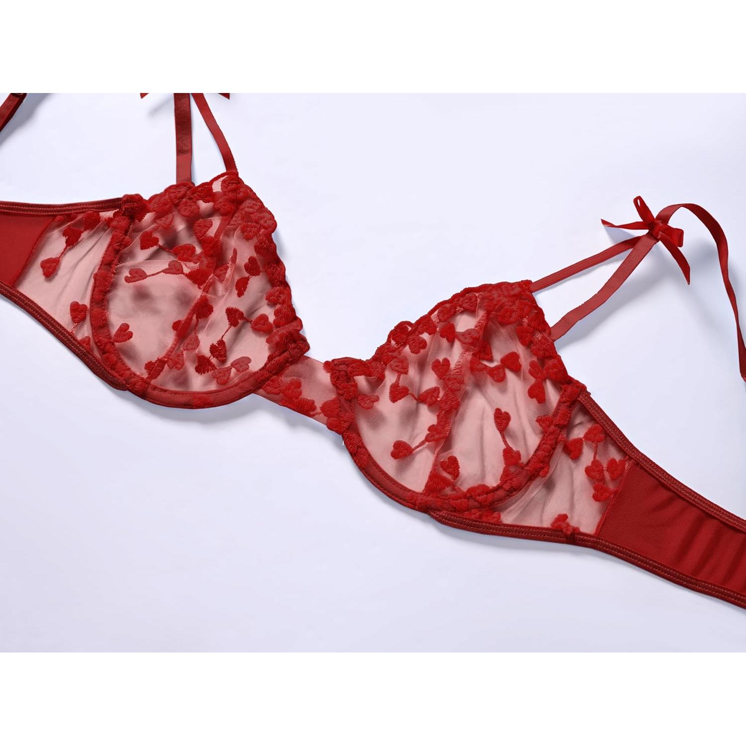 Conjunto de Lencería Bordado ALOECDYV 2 Piezas Rojo