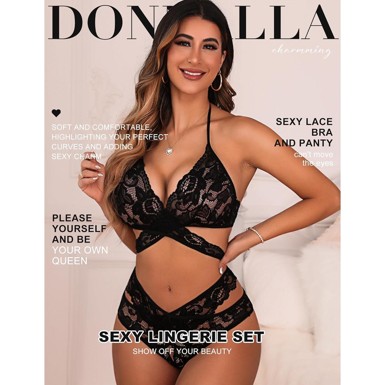 Conjunto de Lencería Sexy Donnalla 2 Piezas Encaje Negro