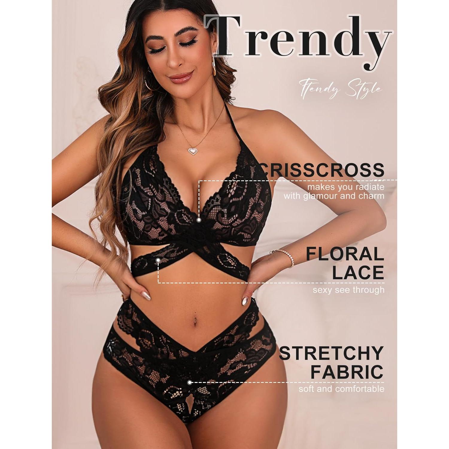 Conjunto de Lencería Sexy Donnalla 2 Piezas Encaje Negro