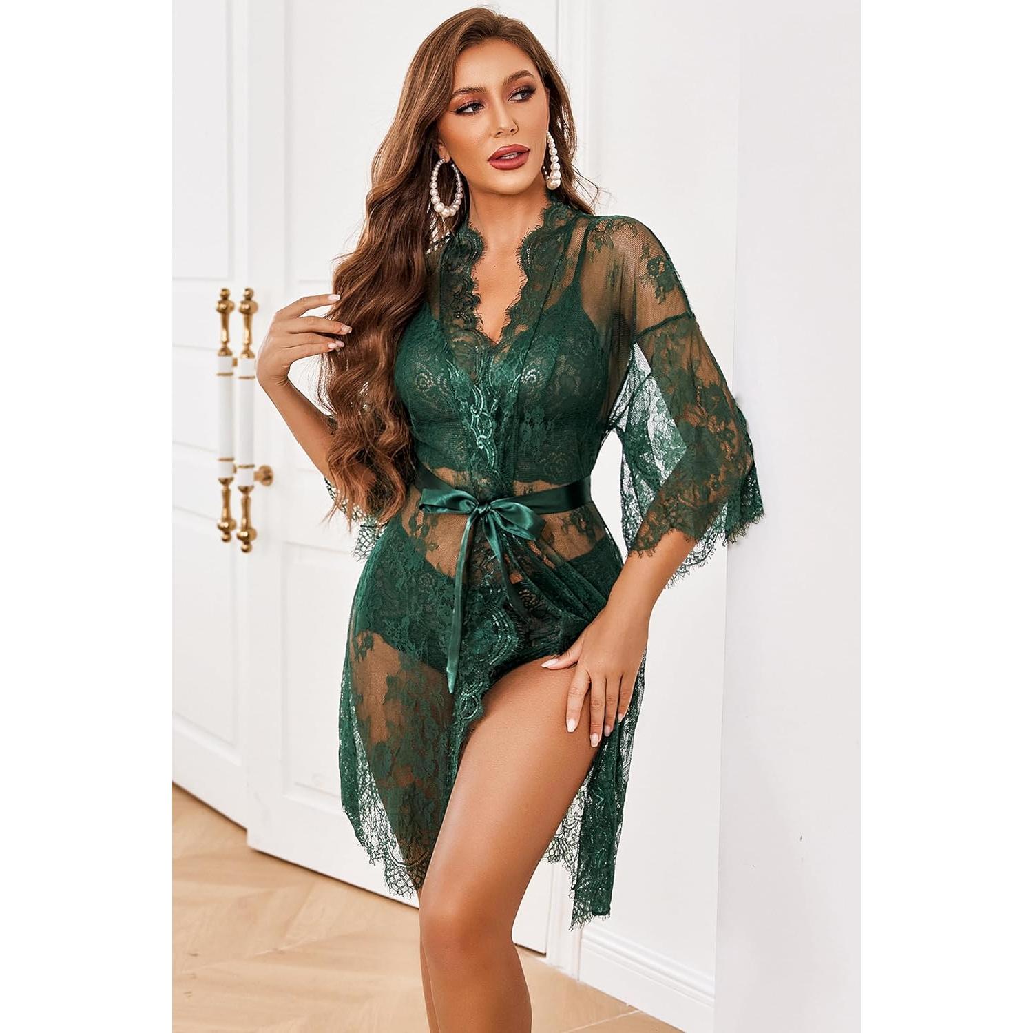 Conjunto de Lencería Sexy Avidlove 3 Piezas Encaje Verde