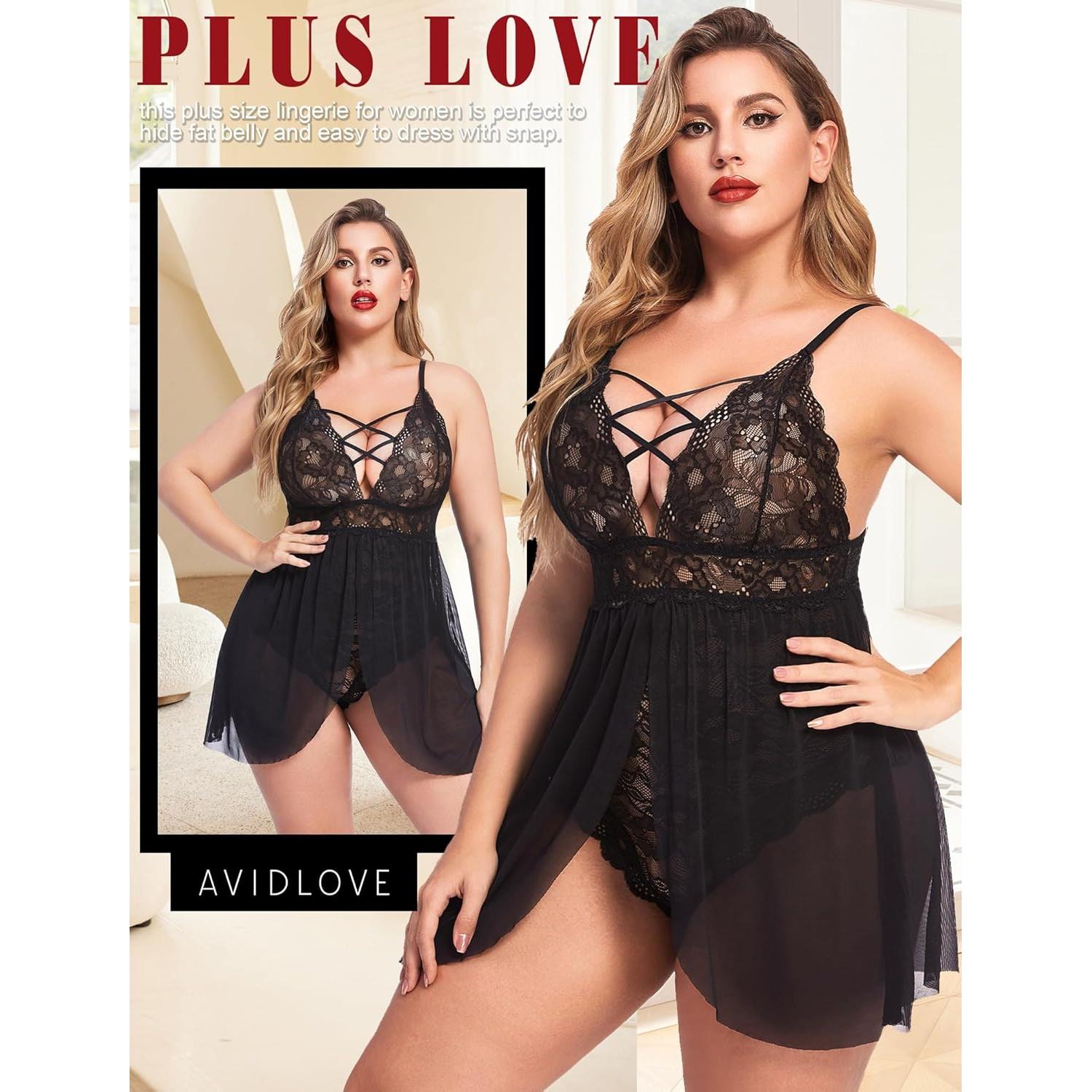 Babydoll Lencería Avidlove Talla Grande Negro 3X con Broche