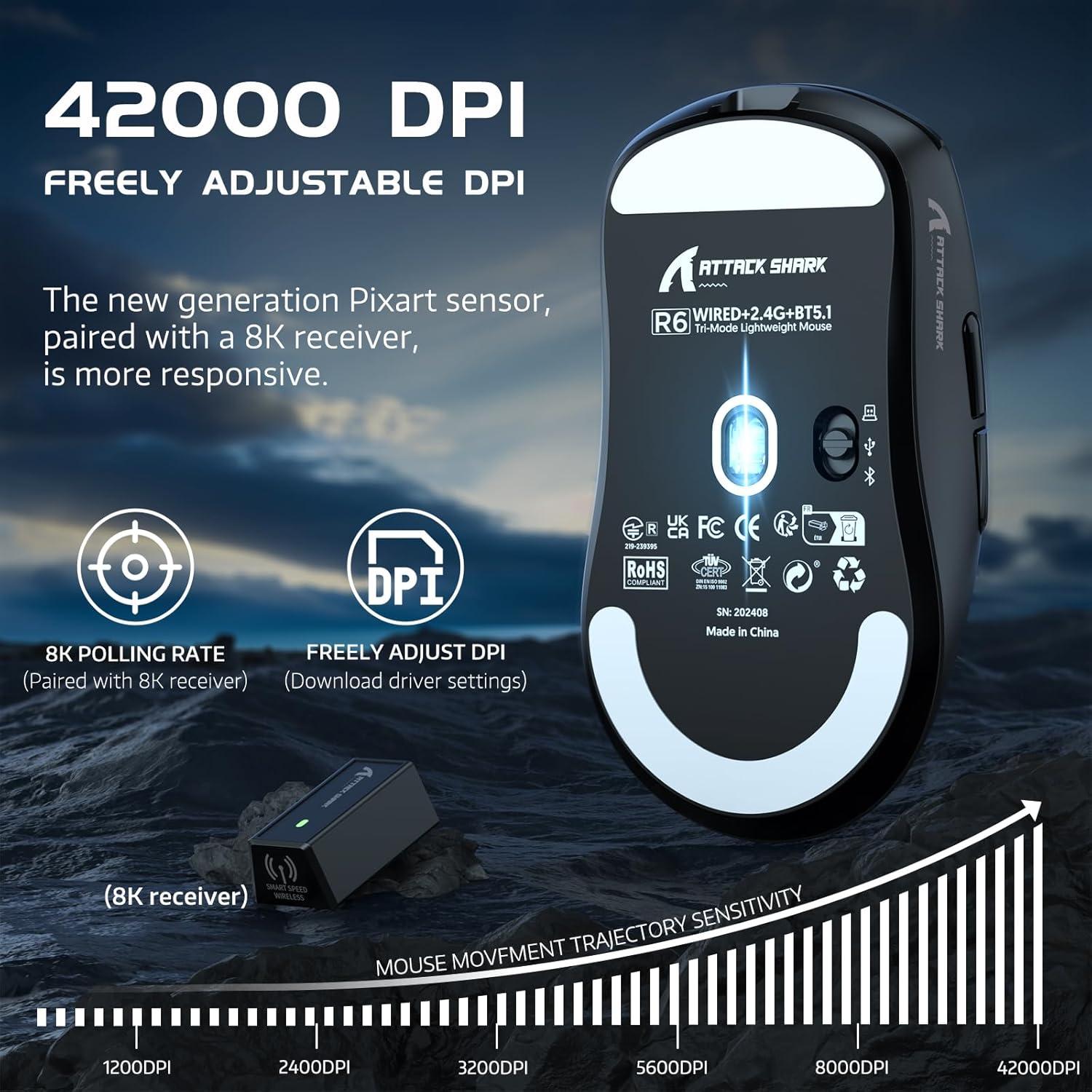 Ratón Gaming Inalámbrico Attack Shark R6 39g, 42000 DPI