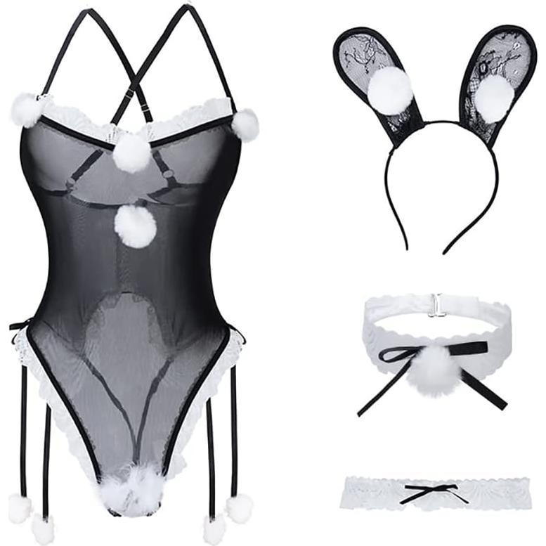 Conjunto Lencería Sexy Conejita SNOMYRS Malla Transparente