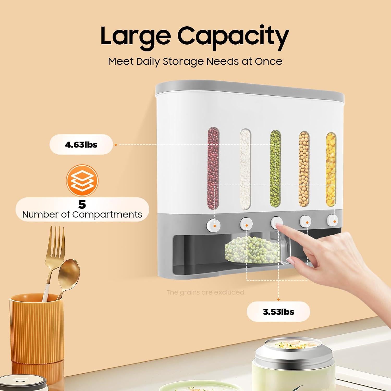 Dispensador de Alimentos Secos Montado en Pared LOYALHEARTDY 5 Compartimentos