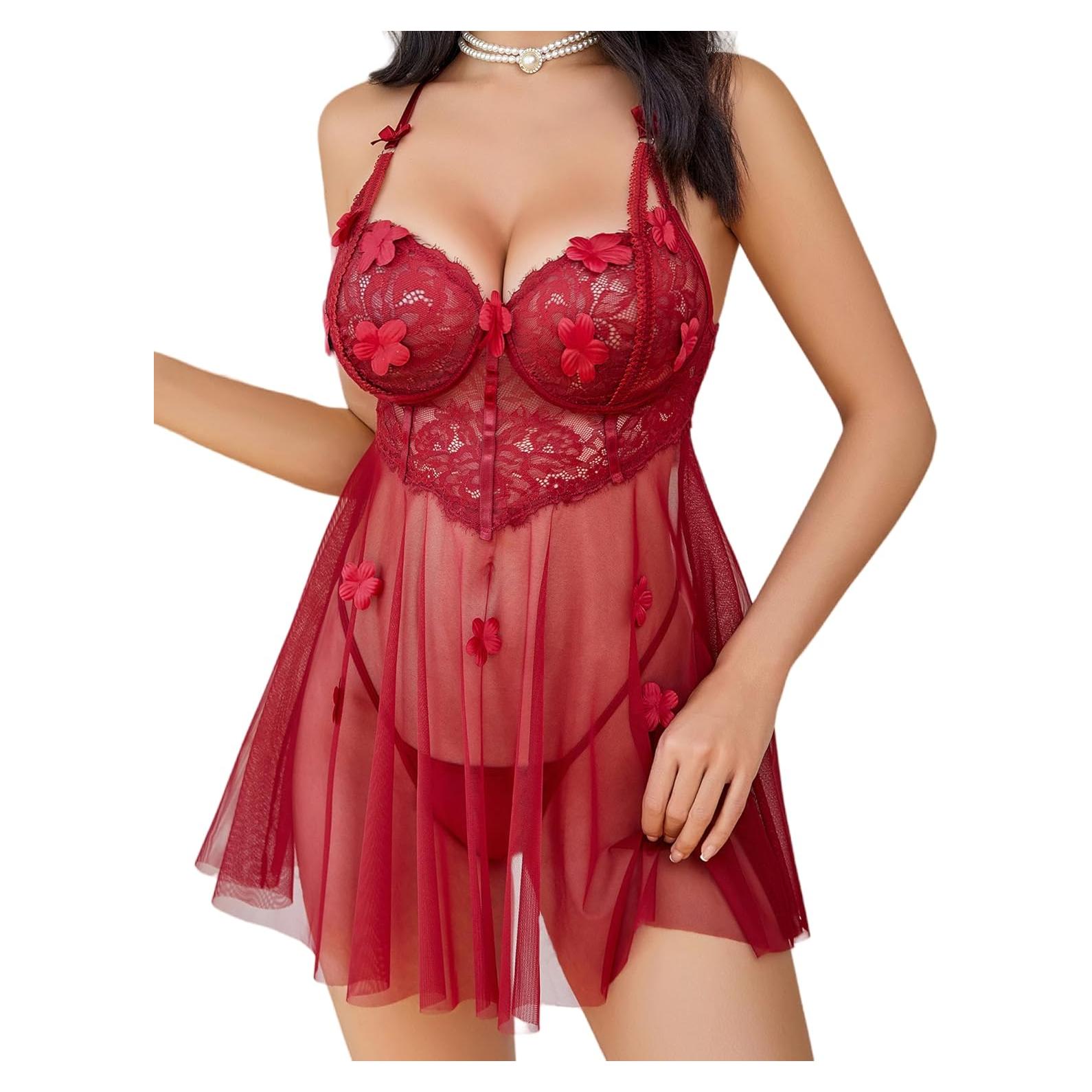 Lencería Babydoll Avidlove Encaje Rojo Vino S-XXL