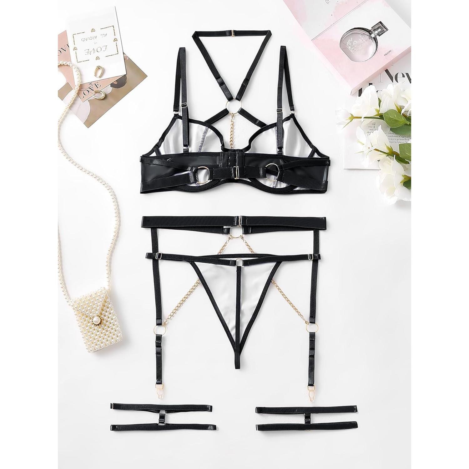 Conjunto de Lencería Sexy Lilosy Mediano Negro con Tirantes