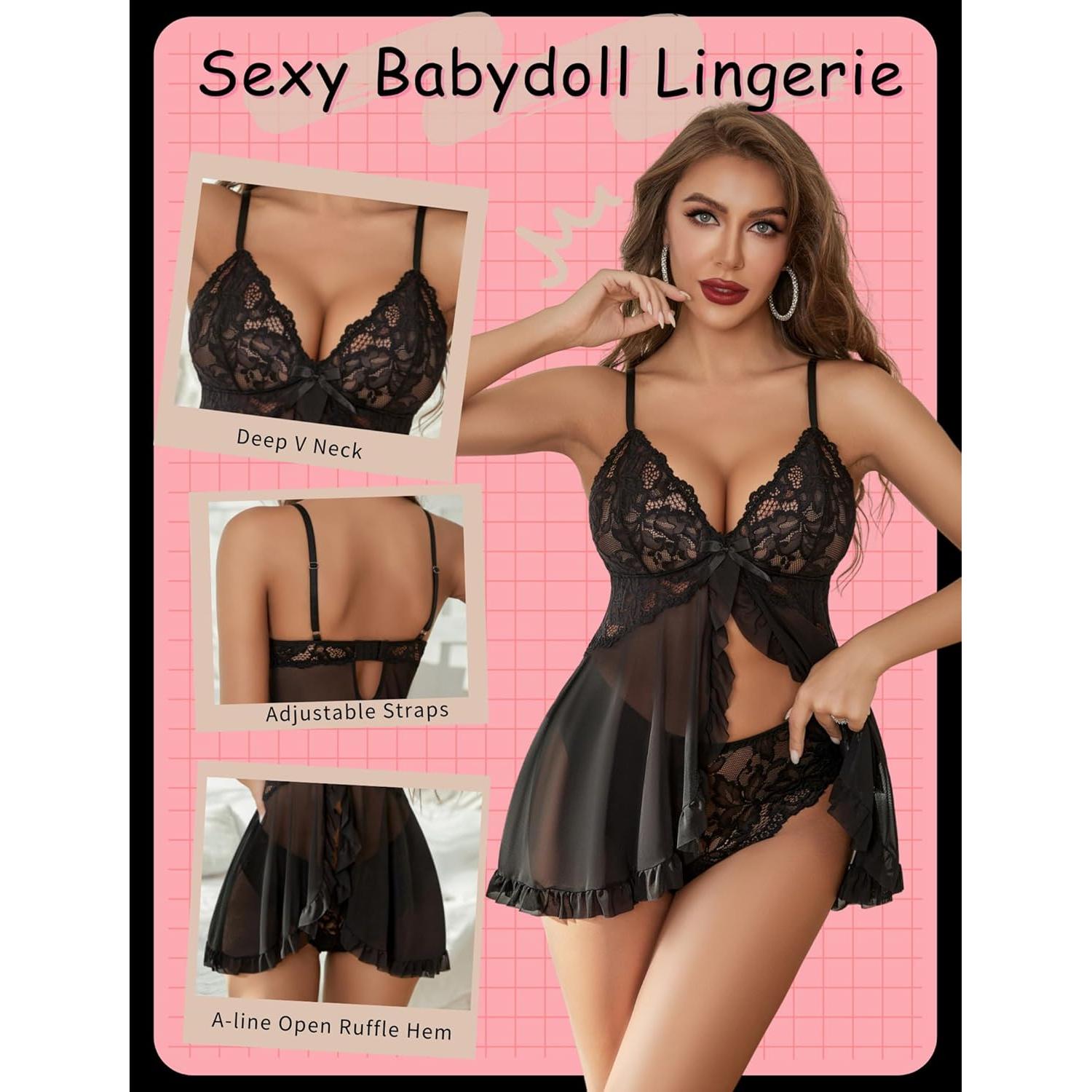 Avidlove Lencería Sexy Babydoll Negro con Volantes Talla Grande