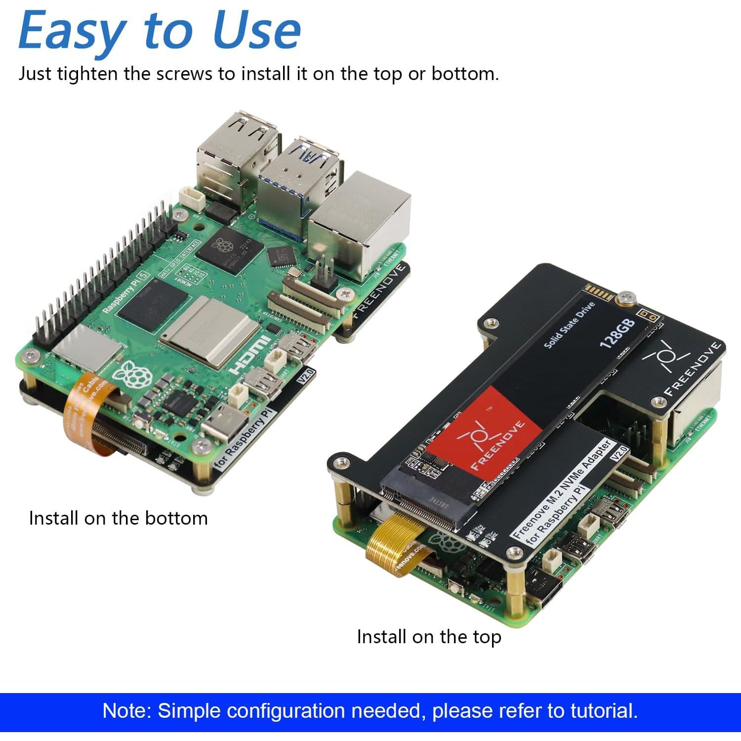 Adaptador M.2 NVMe Freenove V2 para Raspberry Pi 5 con SSD 128GB